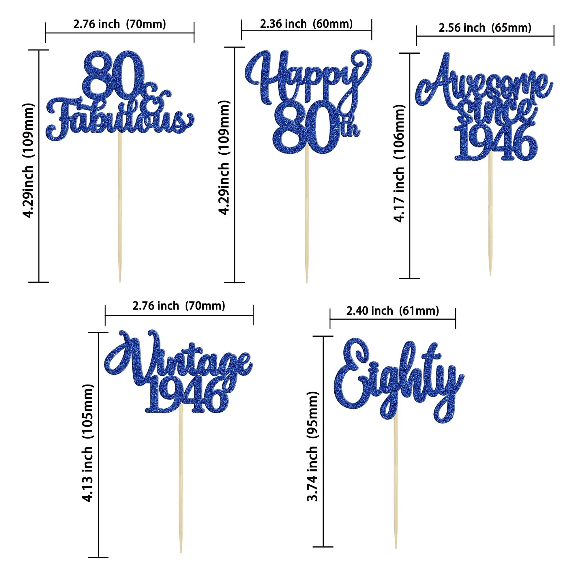 Ephlyn 30Pcs Happy 80th Birthday Cupcake Toppers Glitter Eighty 80 Fabulous Vintage 1946 Cupcake Picks for 80th Birthday Anniversary Retirement Party Cake Decorations Supplies Dark Blue