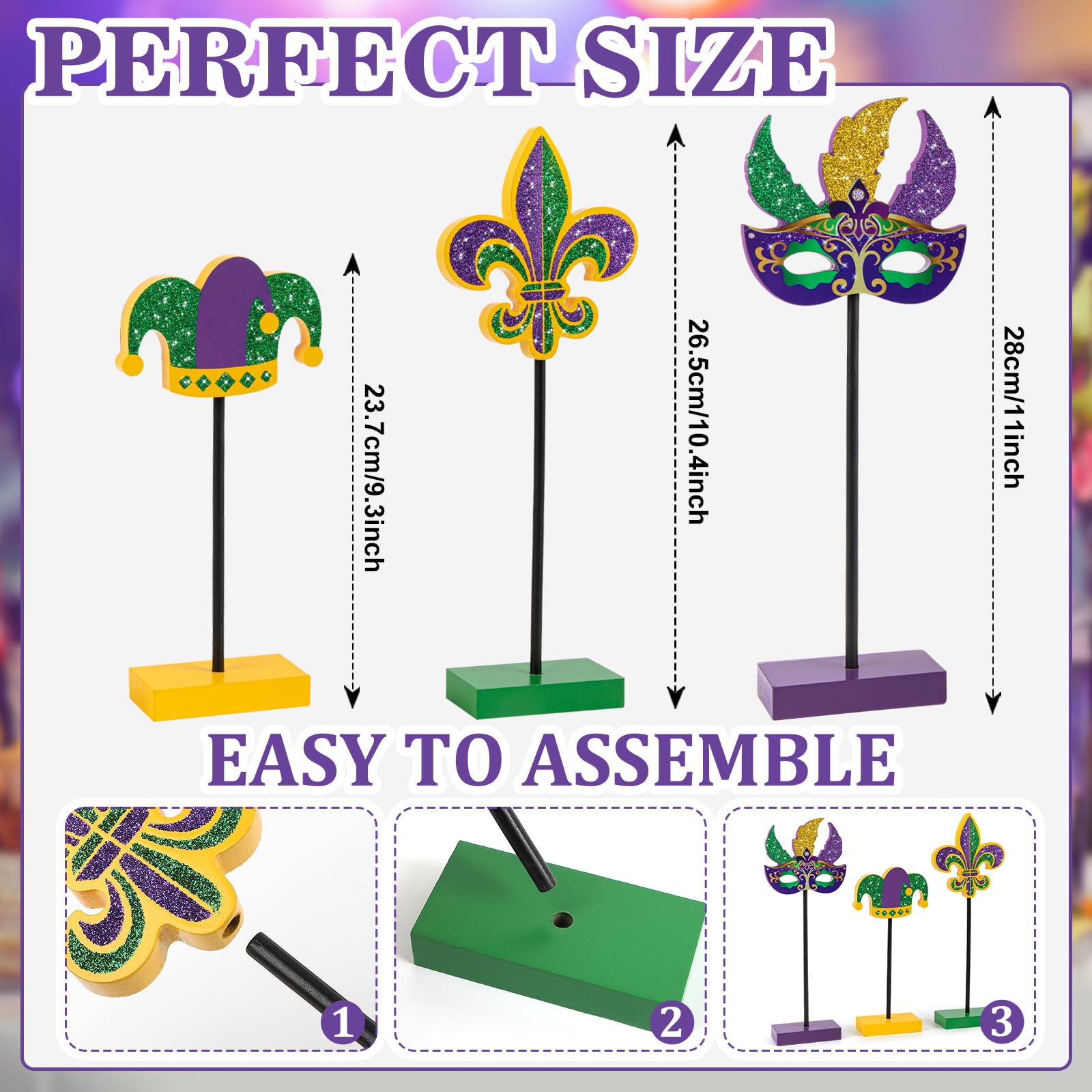 3 Pieces Mardi Gras Tiered Tray Decor Wood Set, Glitter Mardi Gras Table Decor,Rustic Mardi Gras Table Decorations for Party Home Room (Mardi Gras)