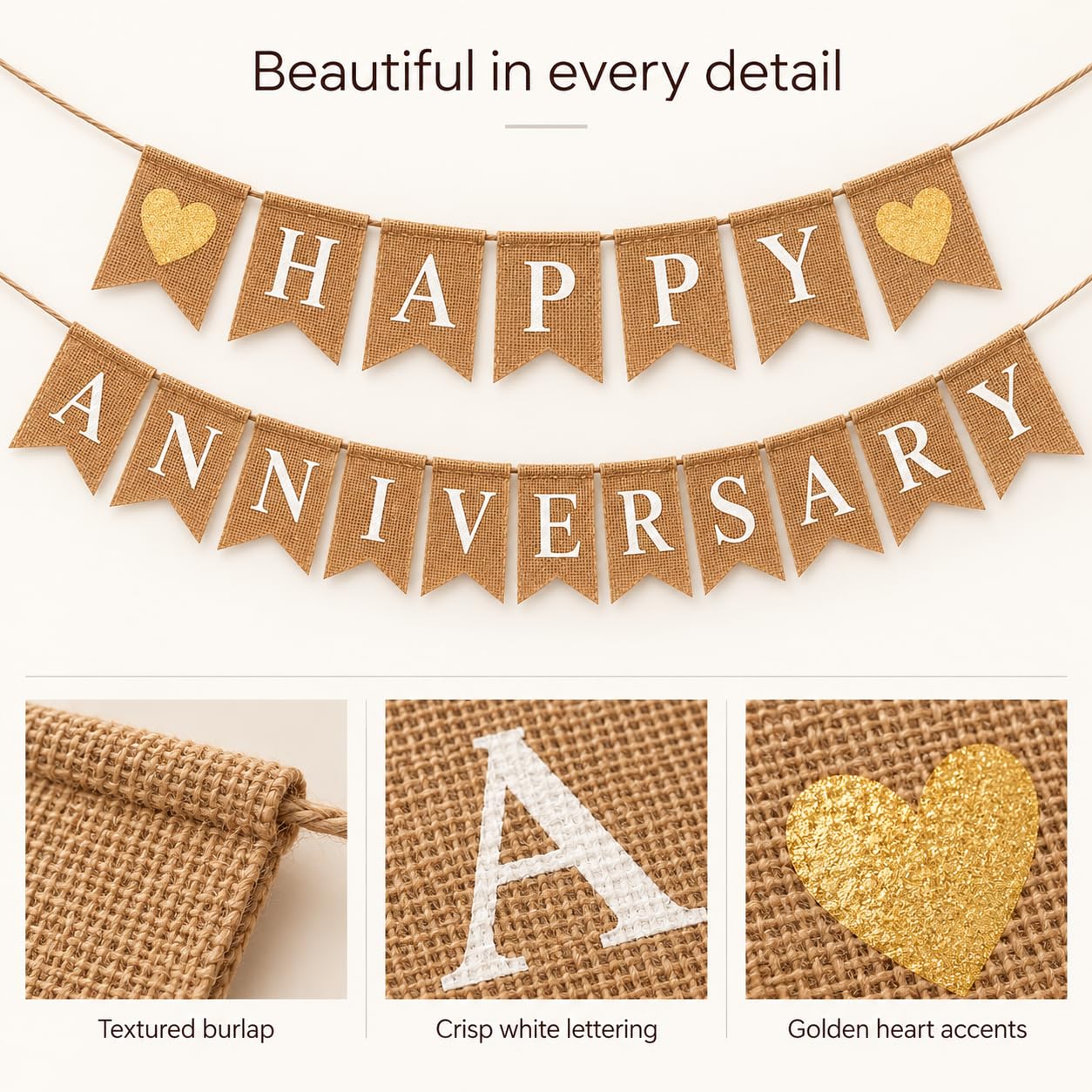Shimmer Anna Shine "Happy Anniversary" Burlap Banner – Rustic “Happy” and “Anniversary” across natural burlap flags (approx. 5" × 7") with Sparkly Gold Hearts Party Decor