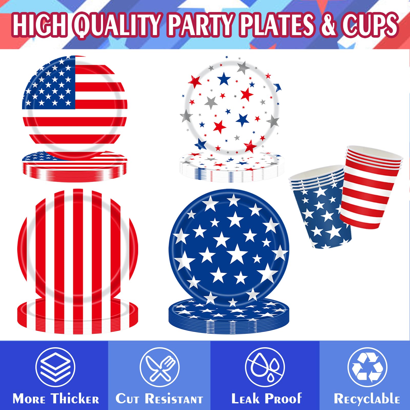 4th of July Decorations Patriotic Decorations Party Supplies Set for 24 Guests, Memorial Day Decorations with Plates, Napkins, Cups, Forks, Tablecloth, Fourth of July Decorations Patriotic Theme Kit