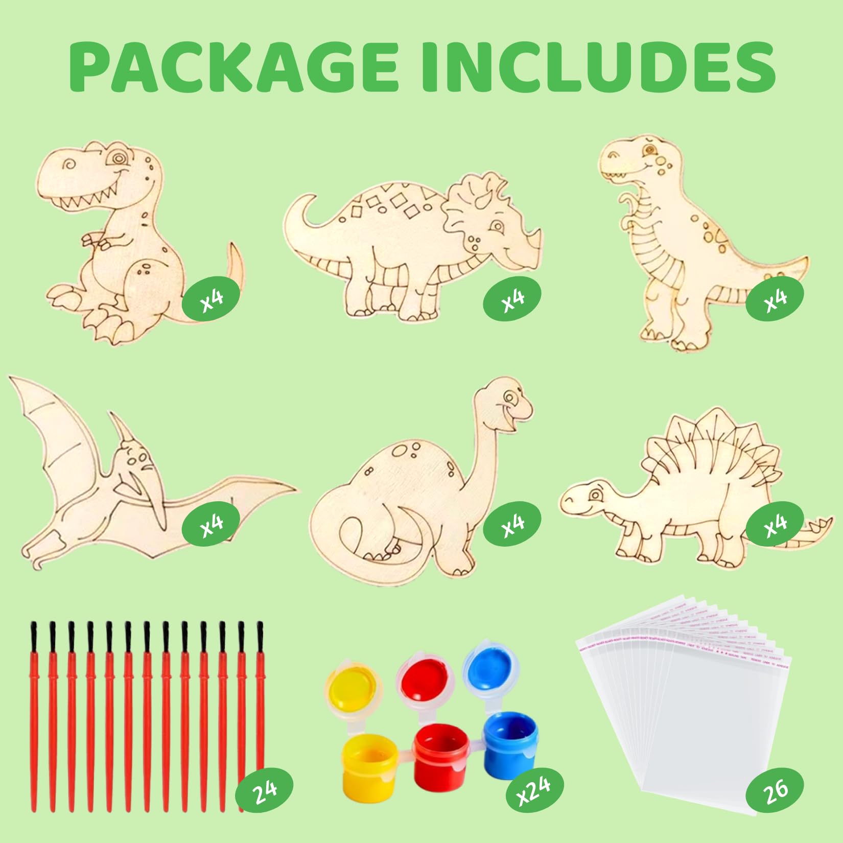 24 Pack Dinosaur Party Favors, DIY Wood Painting Craft Kit with Cards