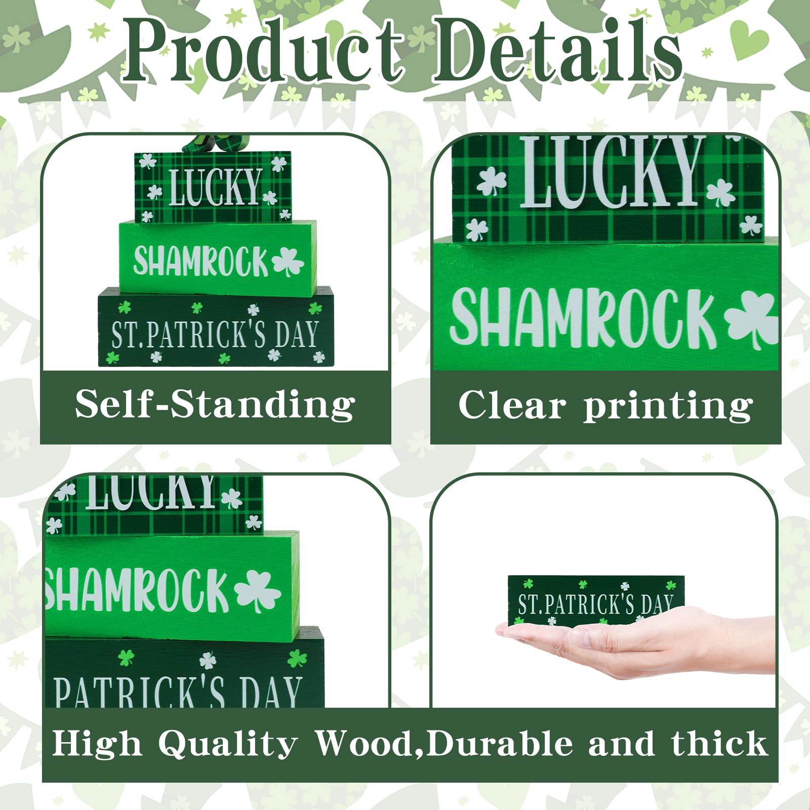 4 Pcs St.Patrick's Day Table Signs Lucky Shamrocks Table Centerpieces Wooden Shamrock Block Signs St Patricks Day Decorations Irish Tiered Tray Decor for Home Office Desk Kitchen Shelf