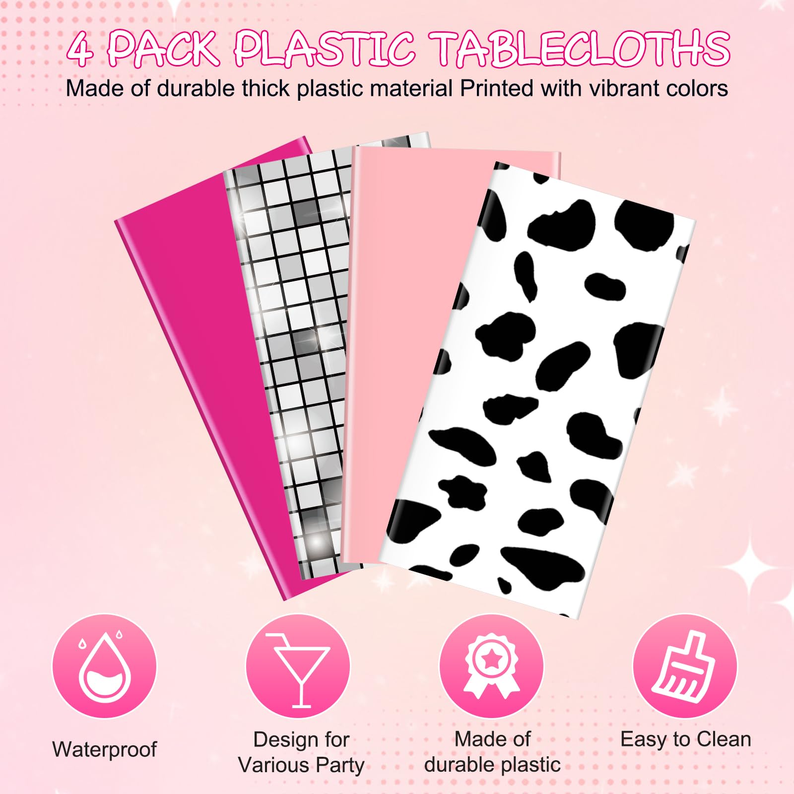 4 Pack Disco Cowgirl Tablecloth Party Decorations, Pink Cow Print Disposable Table Cover, Rectangle Table Cloth for Pink Cowgirl Birthday Disco Bachelorette Party Supplies Decorations, 54 x 108 Inch
