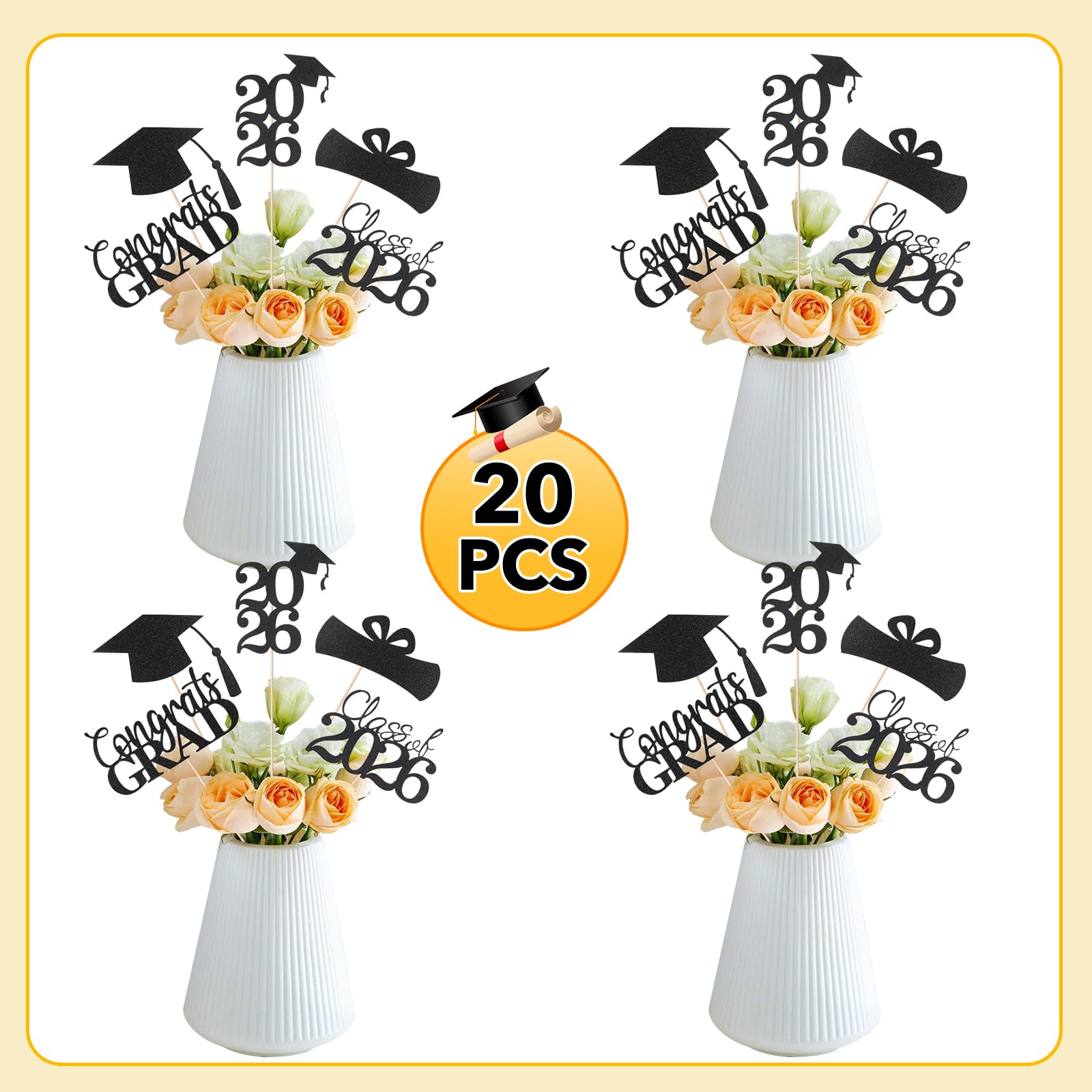 Cyunda Graduation Decorations 2026, 20 PCS Sparkling Black Double-Sided Centerpiece Sticks for Tables, Class of 2026 Table Toppers and Party Supplies