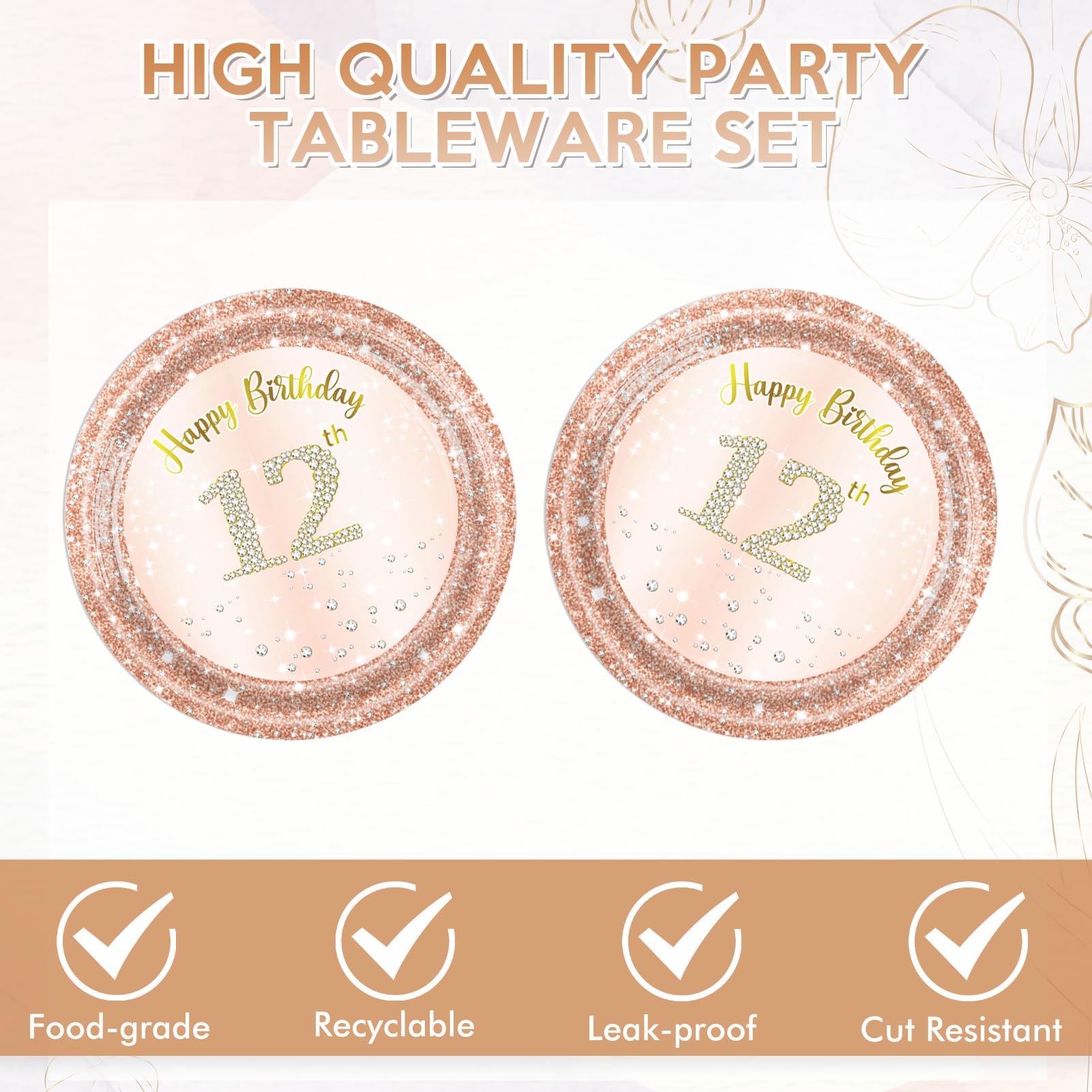 40Pcs 12th Birthday Decorations for Girls Rose Gold 12th Birthday Party Plates and Napkins Happy 12 Years Party Theme Tableware Disposable 7'' Paper Plates, Napkins for Her,Girls Teen Party Supplies