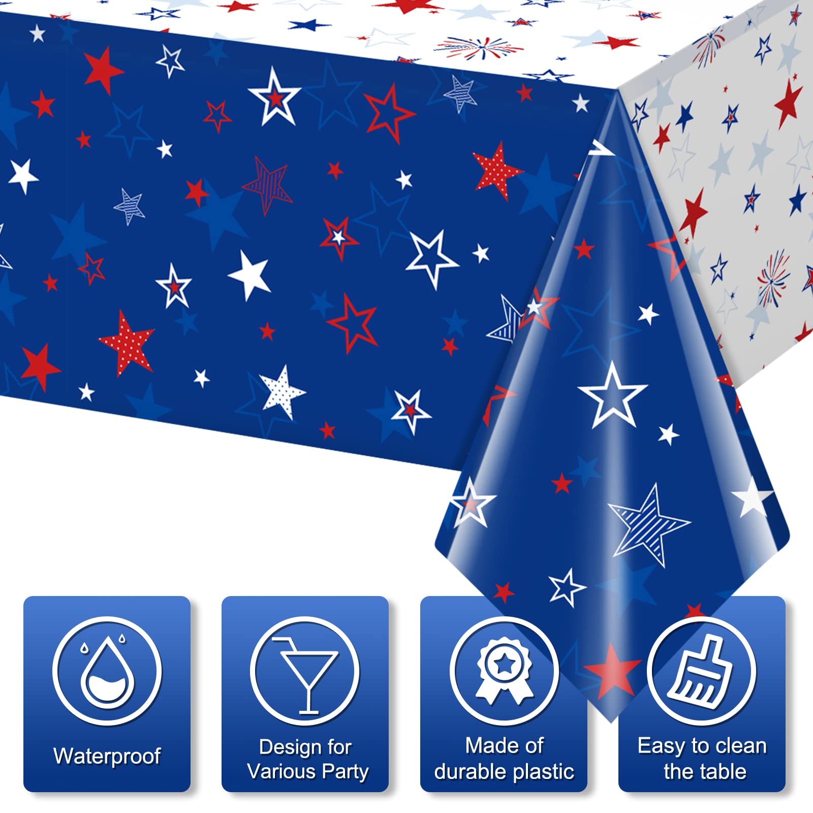 Jectivs 3 Pack Patriotic Tablecloth Decorations for 4th of July Independence Day, Plastic Memorial Day Table Cover Printed with Stars and Fireworks for Patriotic Themed Party Supplies, 54 x 108 Inch
