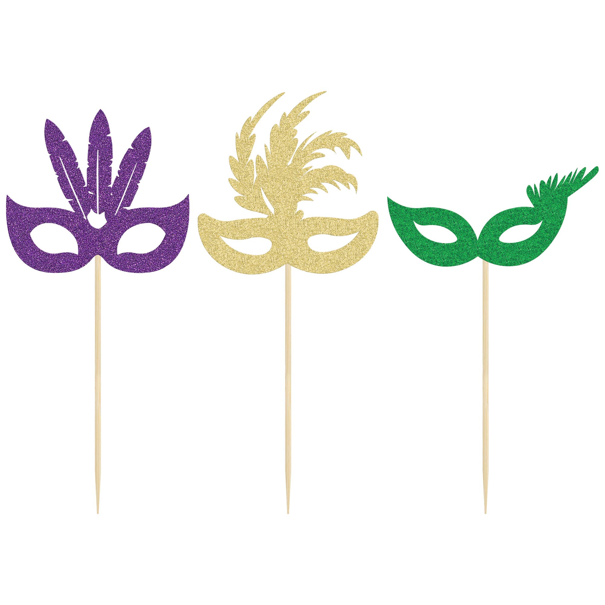 Gyufise 24 Pack Masquerade Masks Cupcake Toppers Multicolor Glitter Bachelorette Mask Cupcake Topper Mask Cake Picks Decorations for Masquerade Mardi Gras Party Baby Shower Birthday Party Supplies