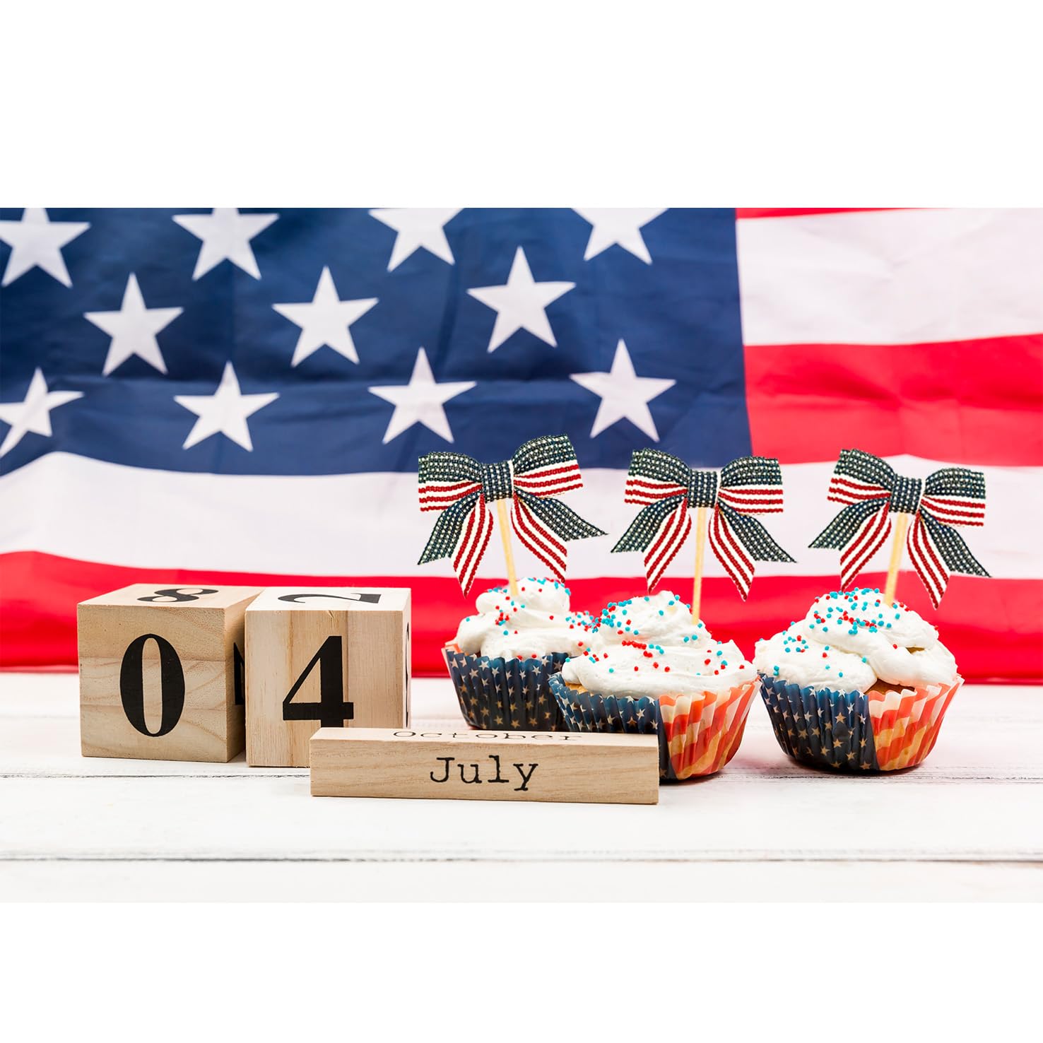 24 Pcs Red White Blue Bow Cupcake Toppers for 4th of july America Patriotic Party Decoration, Baby Shower and Birthday Cake Supplies(Style A)
