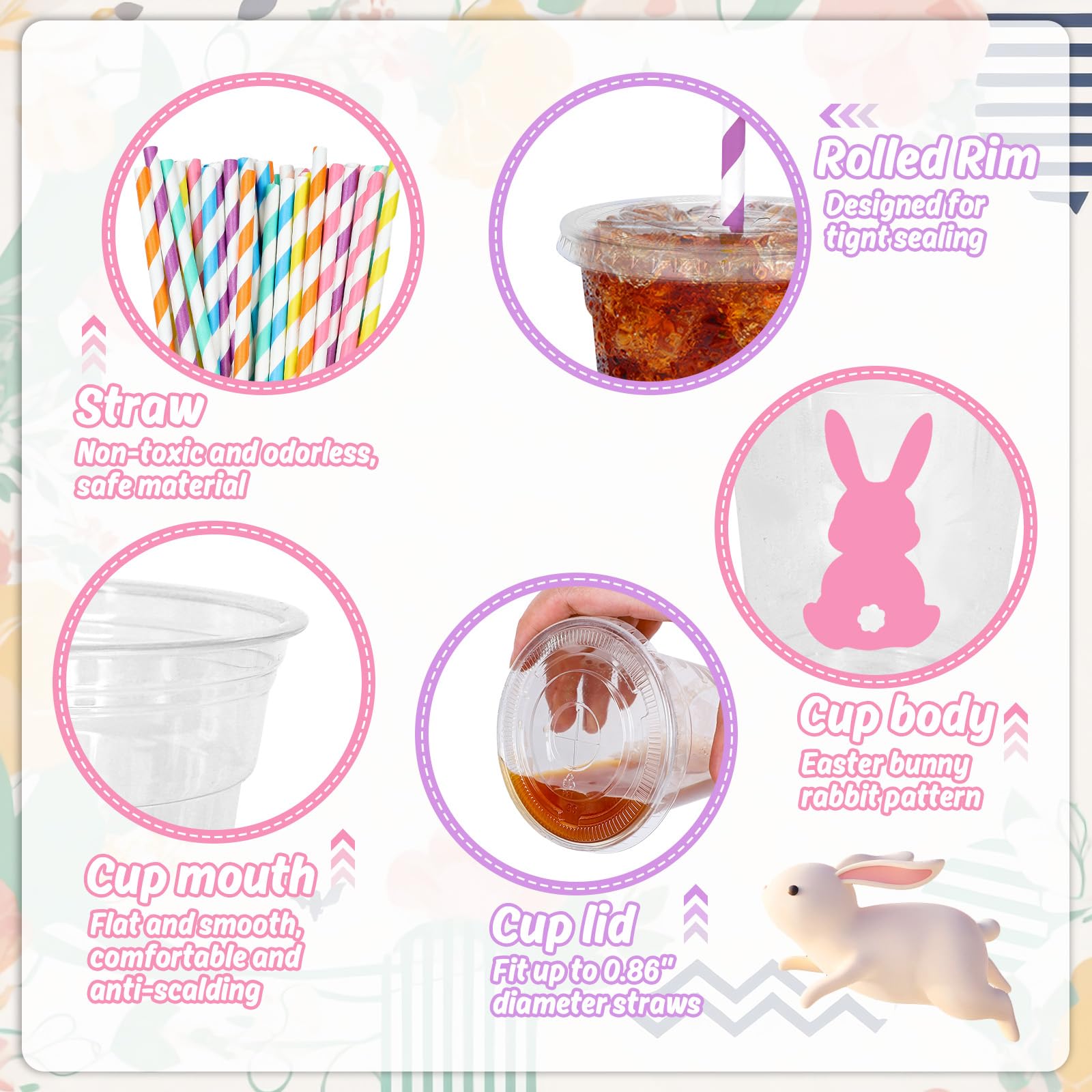 Whaline 60Pcs Easter Bunny Rabbit Disposable Plastic Cups with Lids and Straws 12oz Colorful Bunny Theme Party Cups Spring Beverage Drinking Cup for Anniversary Wedding Birthday Dinner