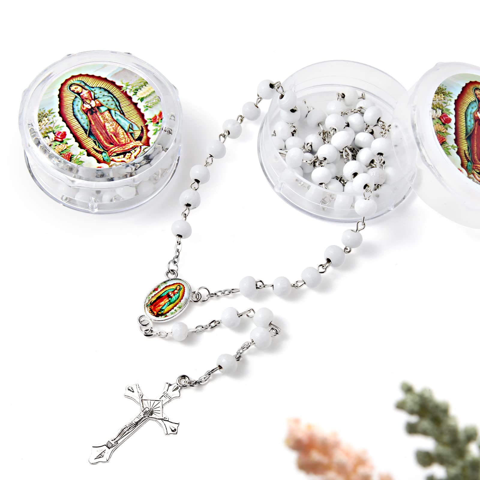 Brilucky 24 PCS White Rosary Beads Bulk For Baptism Favors,Lady Guadalupe Rosarios Catolicos First Communion Favors For Guests,Rosary Beads Necklace Gifts For Christian Quinceanera Party