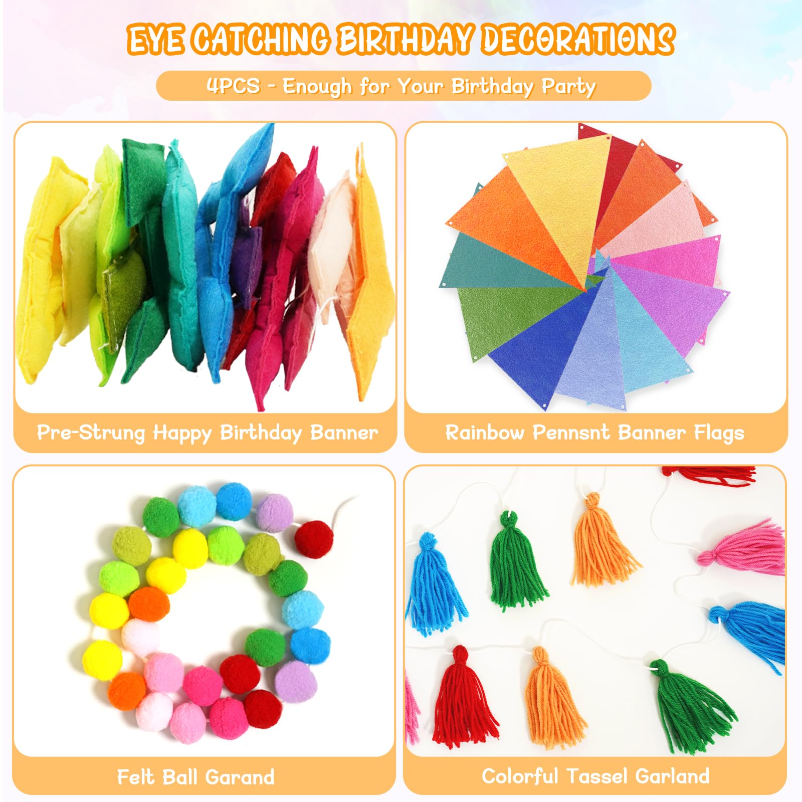 4PCS Pre-Strung Happy Birthday Banner - Felt Happy Birthday Garland, Ball Garland, Felt Pennant Flag, Colorful Thread Tassel Rainbow Party Decorations for Women Men Kids