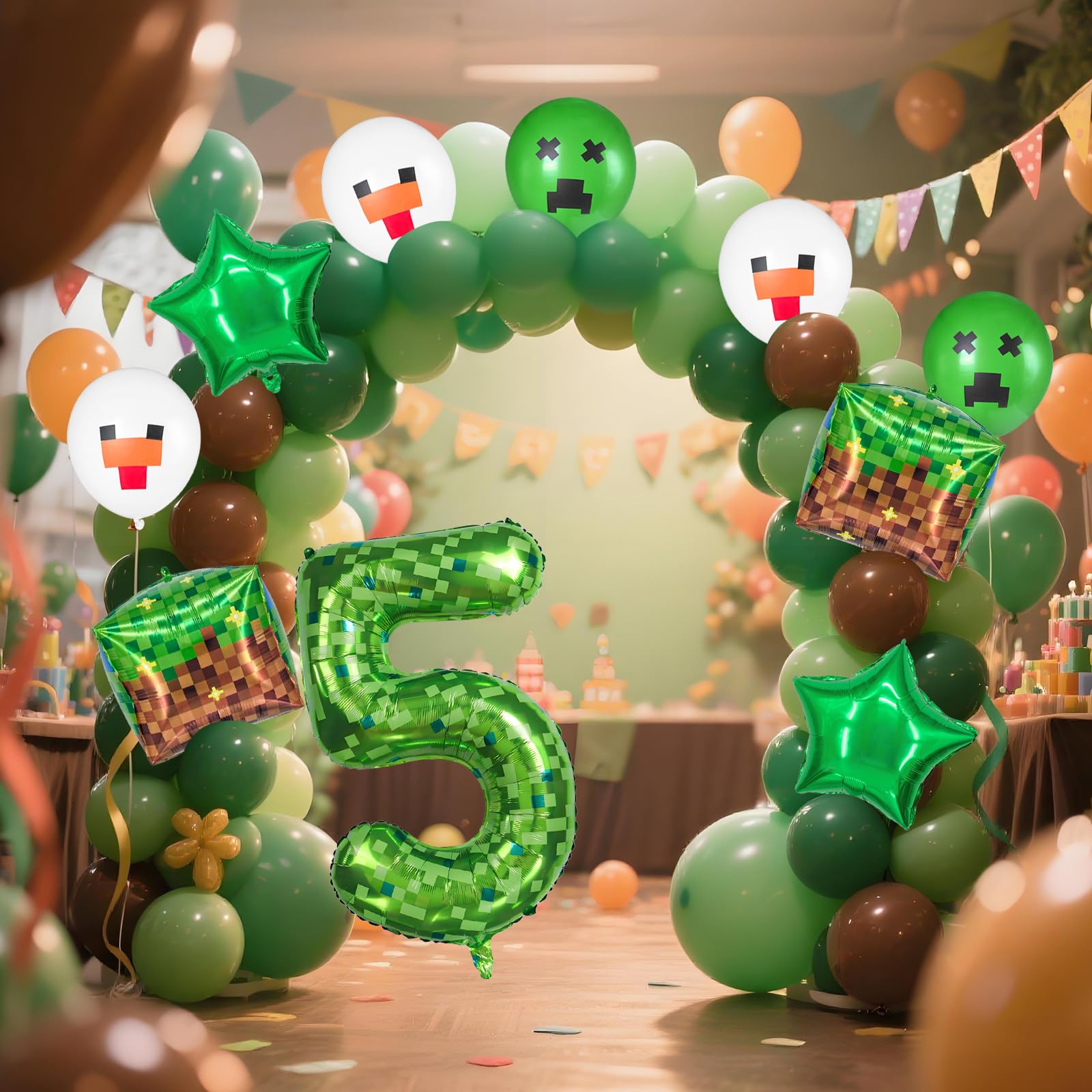 FJZEPIN 40 Inch Giant Green Pixel Miner Themed Number Foil Balloons, Mining Green Birthday Party Decorations Bundle 0-9 Optional Kids Anniversary Balloon Party Supplies (Number 5)