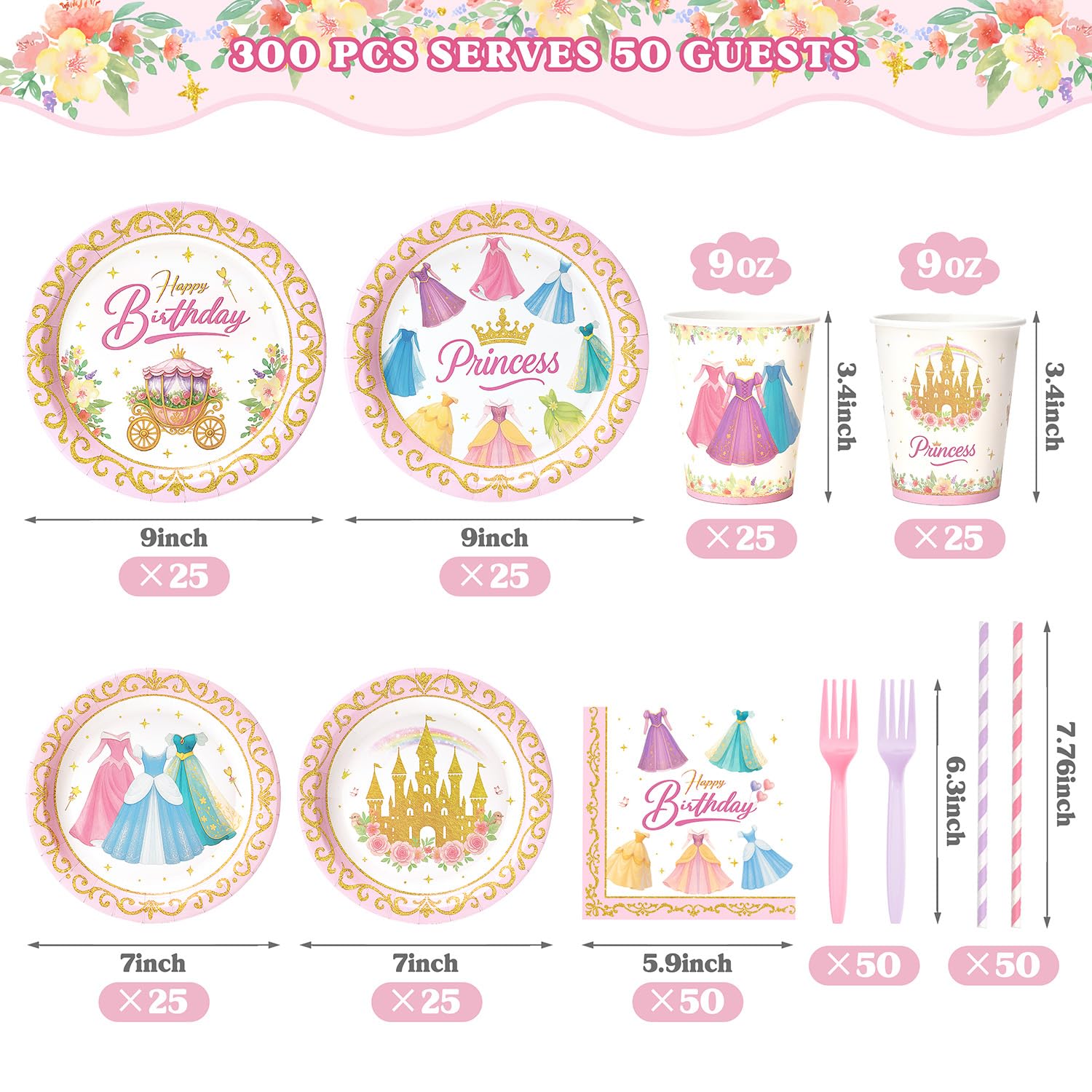 300 Pcs Princess Paper Plates Napkins, Birthday Party Supplies Include Forks Cups Straws, Summer Party Tableware Set for Kids, Serves 50 Guests