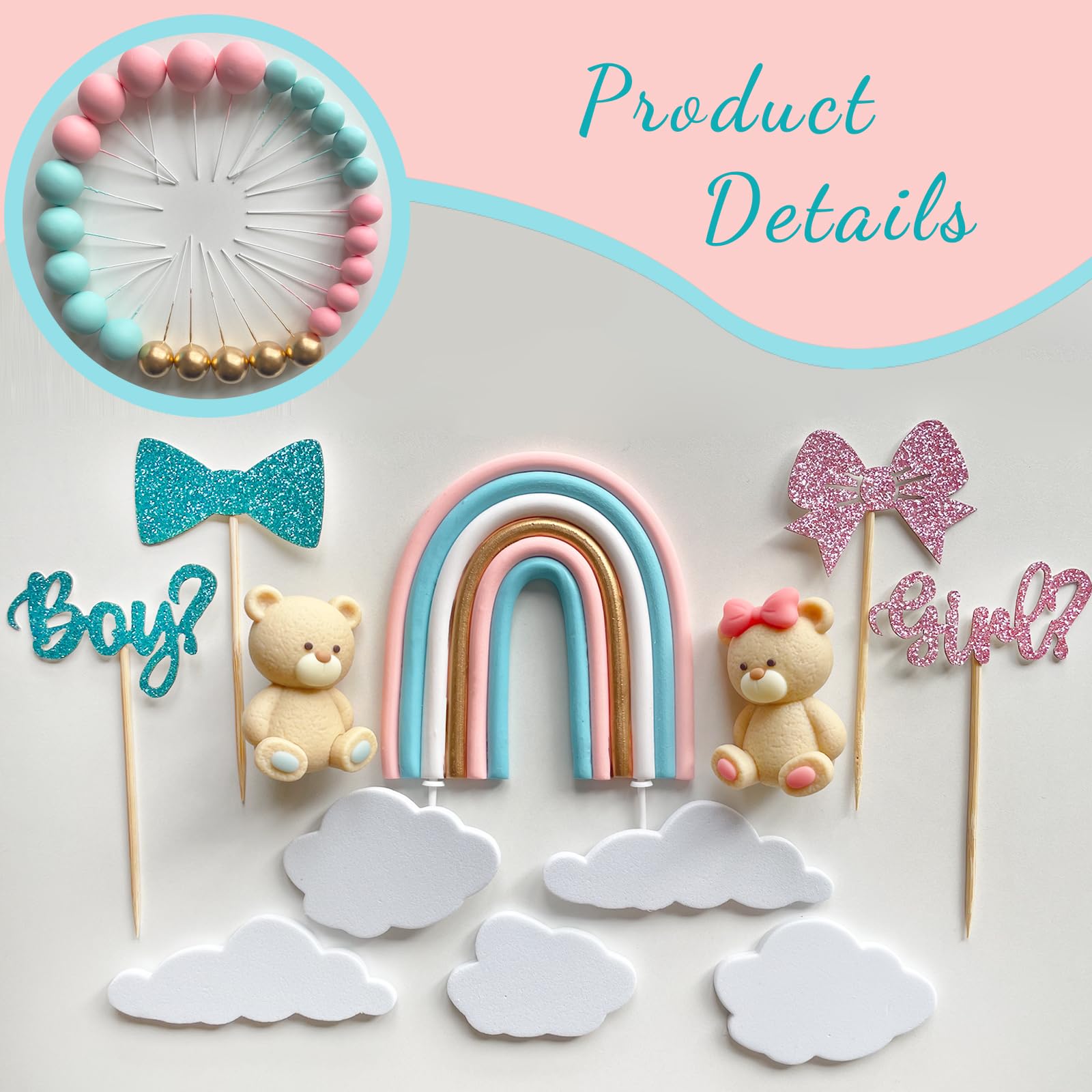 UFROMSKY 38Pcs Bear Cake Topper Gender Reveal Rainbow Cake Decorations with Cute Bears Pearl Balls Rainbow Cloud Cake Pick for Boy Girl Baby Shower Gender Reveal Party Supplies