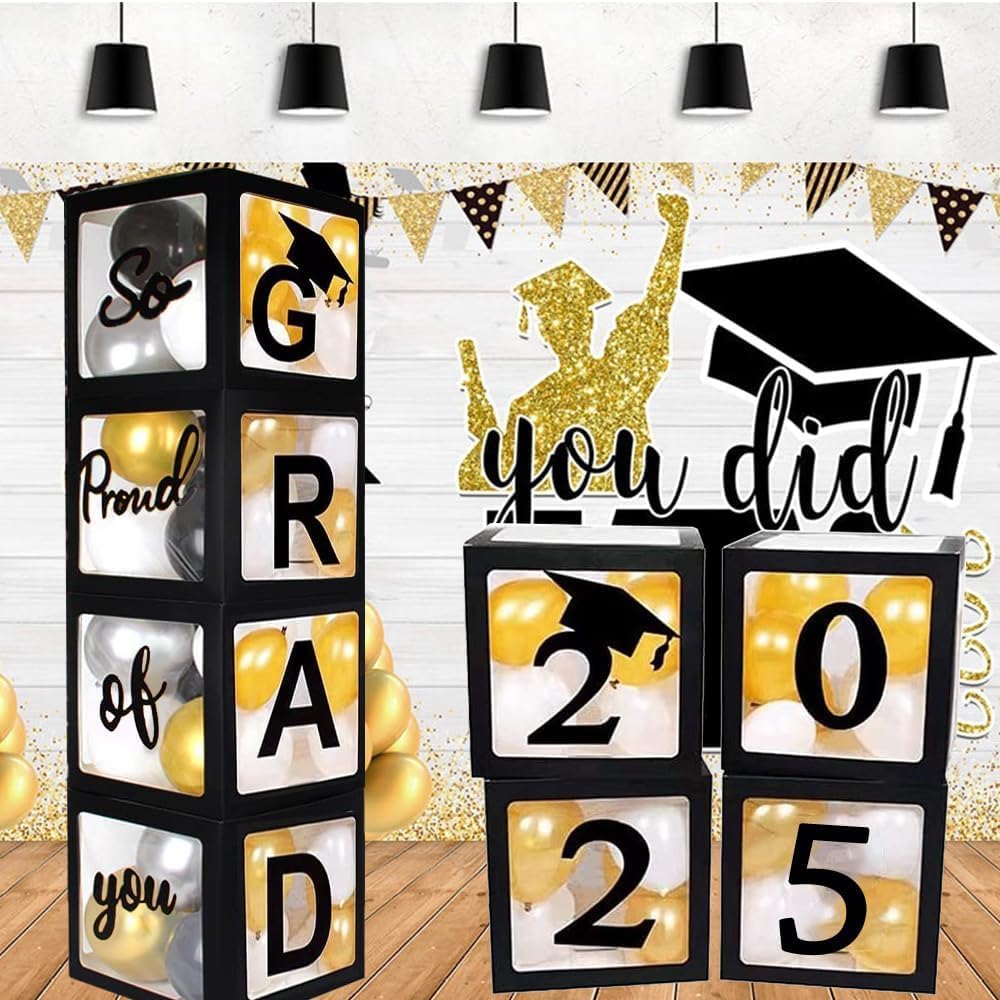2027 Graduation Decoration Black Balloon Boxes with Letters 2027 Grad & So Proud of You and 20 pcs Ballons-Graduation Party Decoration Supplies for High School & College Celebrations