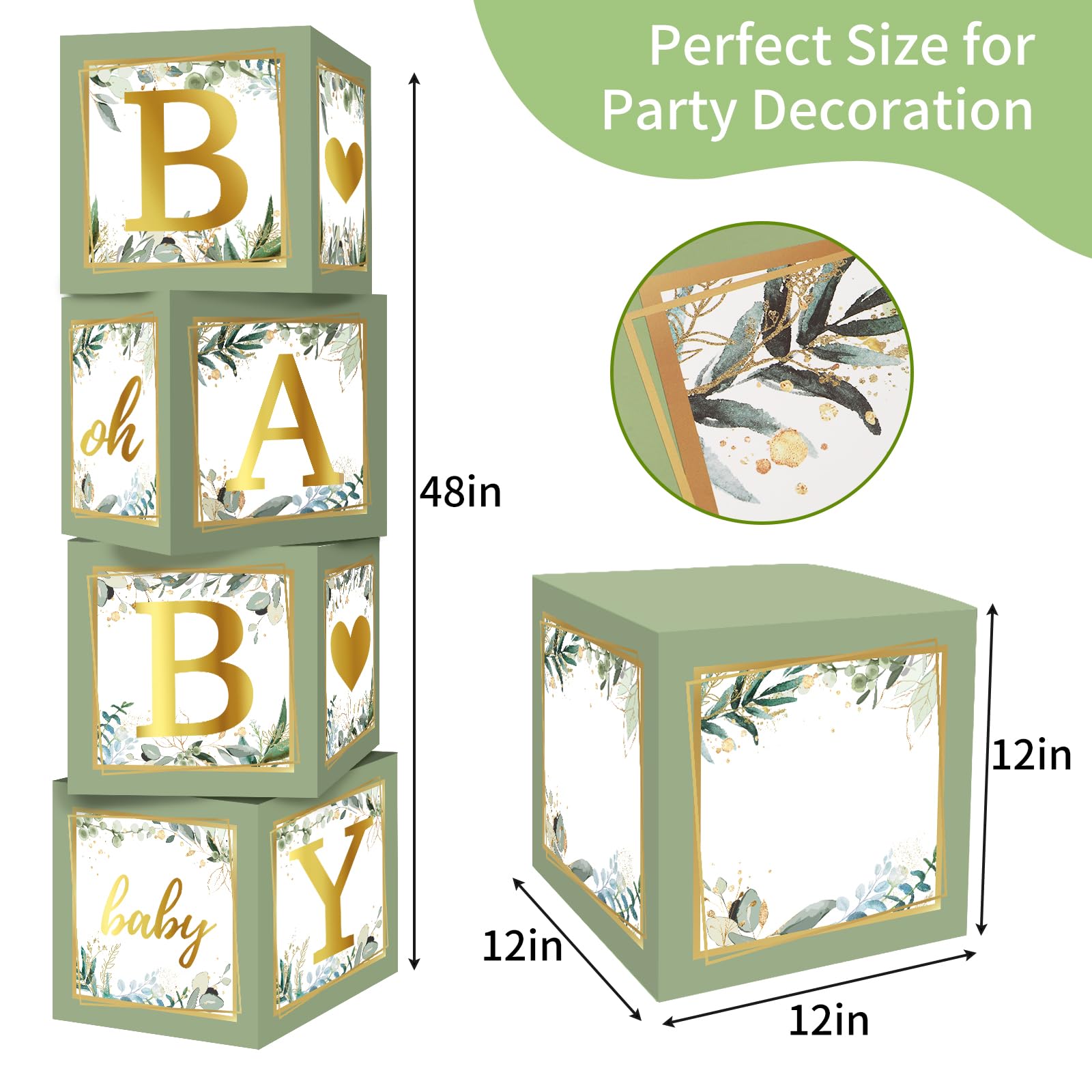 RUBFAC Baby Shower Boxes with Letters, 4pcs Sage Green Baby Shower Decorations for Boy Girl Balloon Boxes Gender Reveal Birthday Party Favors