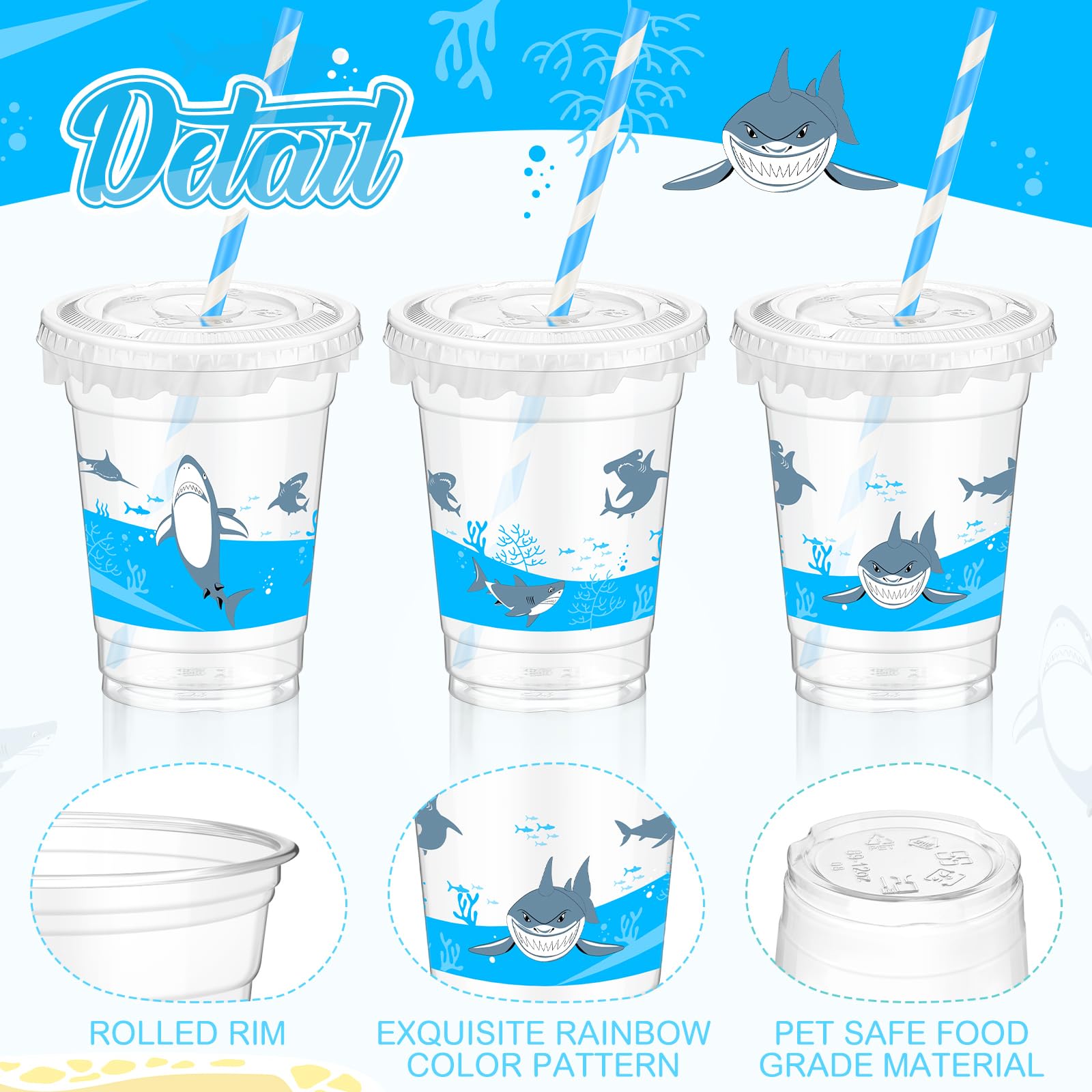 Teenyyou 50 Pcs 12 oz Disposable Plastic Cups with Straws, Lids and Leakproof Paper Clear Birthday Party Cups Supplies Birthday Table Decorations(Shark,Blue)