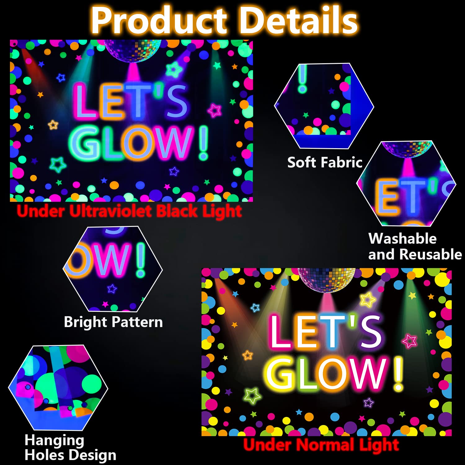6x4ft Neon Let's Glow Party Backdrop Colorful Photography Background Glow in The Dark Party Supplies, Neon Decorations for Kids Birthday Supplies (71 x 47 Inch)
