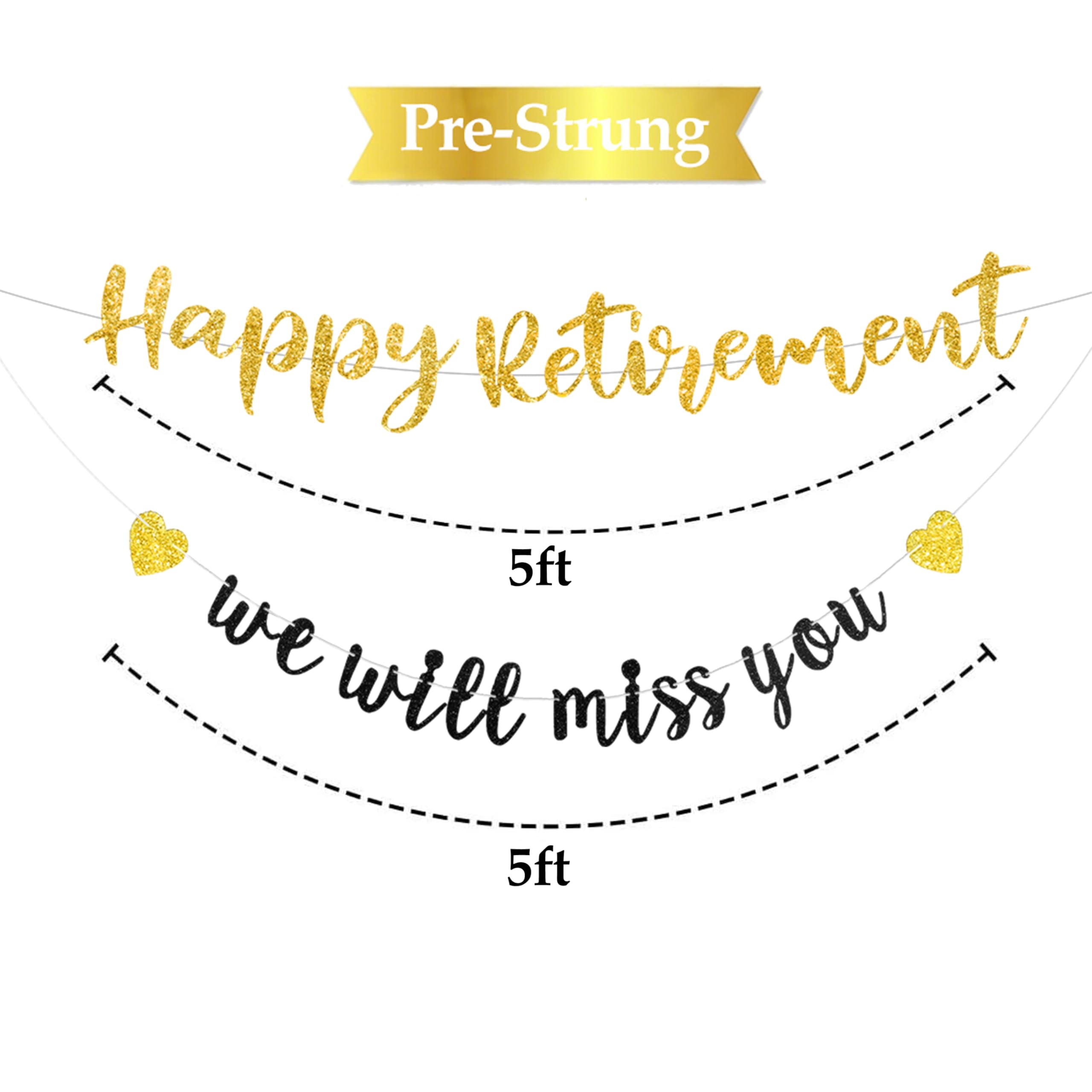 Pre-strung Happy Retirement & We will miss you Banner, Pre-strung on 8 ft Strand Black Gold Glitter Retirement Party Decorations Sign, Going Away Party Farewell Party Supplies and Gifts for Coworker, Men Women