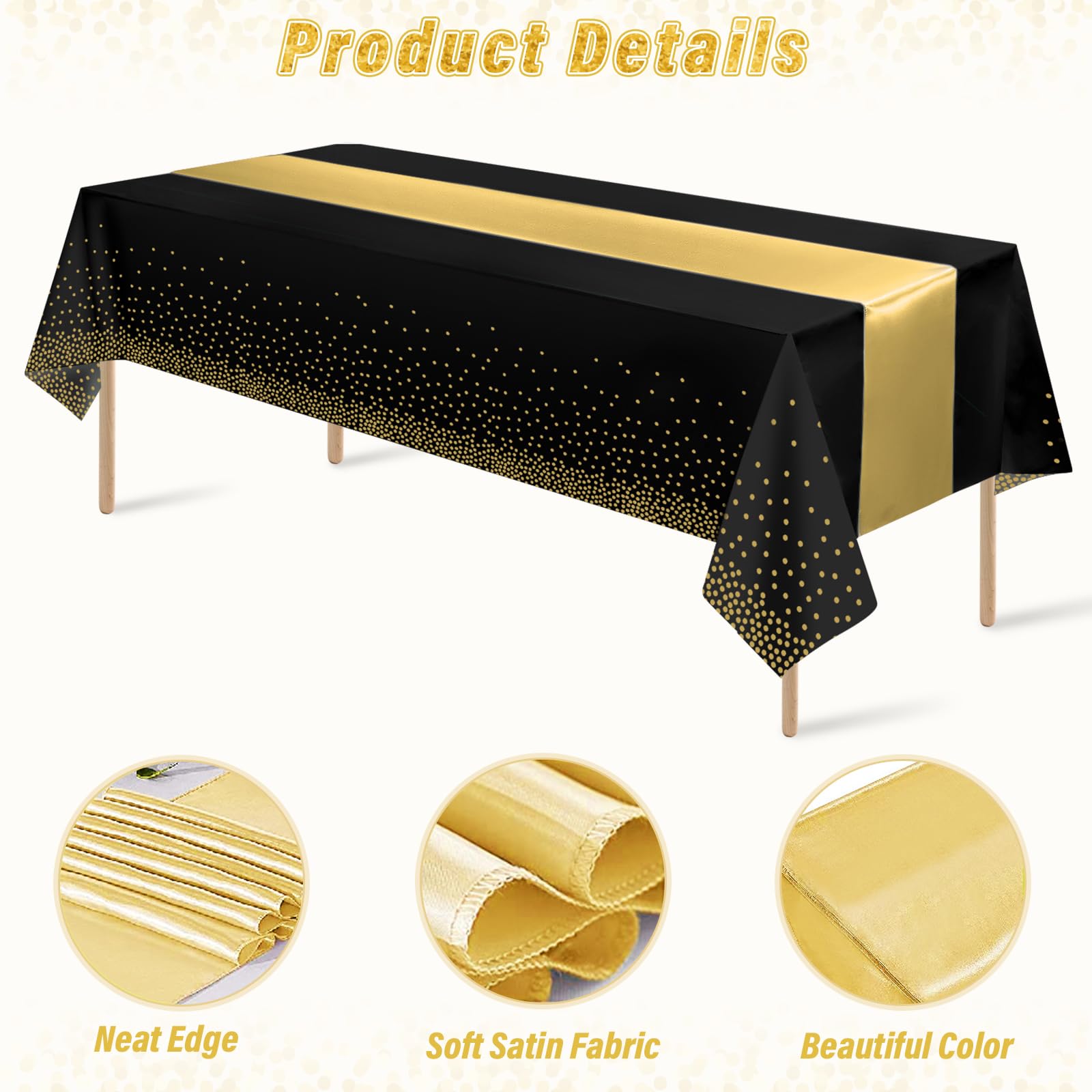 12 Pack Black and Gold Tablecloth and Table Runner Set Party Decorations, Black and Gold Plastic Disposable Tablecloth and Satin Table Runner for Wedding Birthday Bridal Graduation Anniversary Party