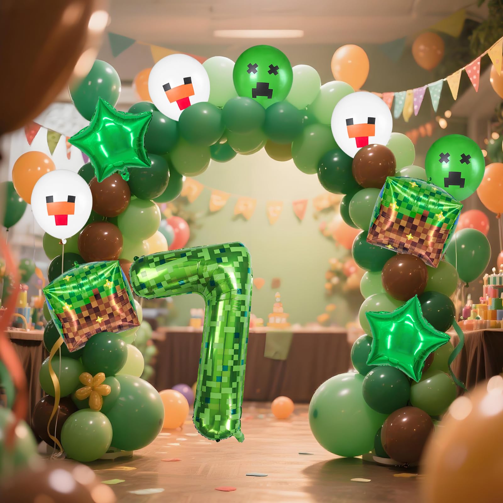 FJZEPIN 40 Inch Giant Green Pixel Miner Themed Number Foil Balloons, Mining Green Birthday Party Decorations Bundle 0-9 Optional Kids Anniversary Balloon Party Supplies (Number 7)