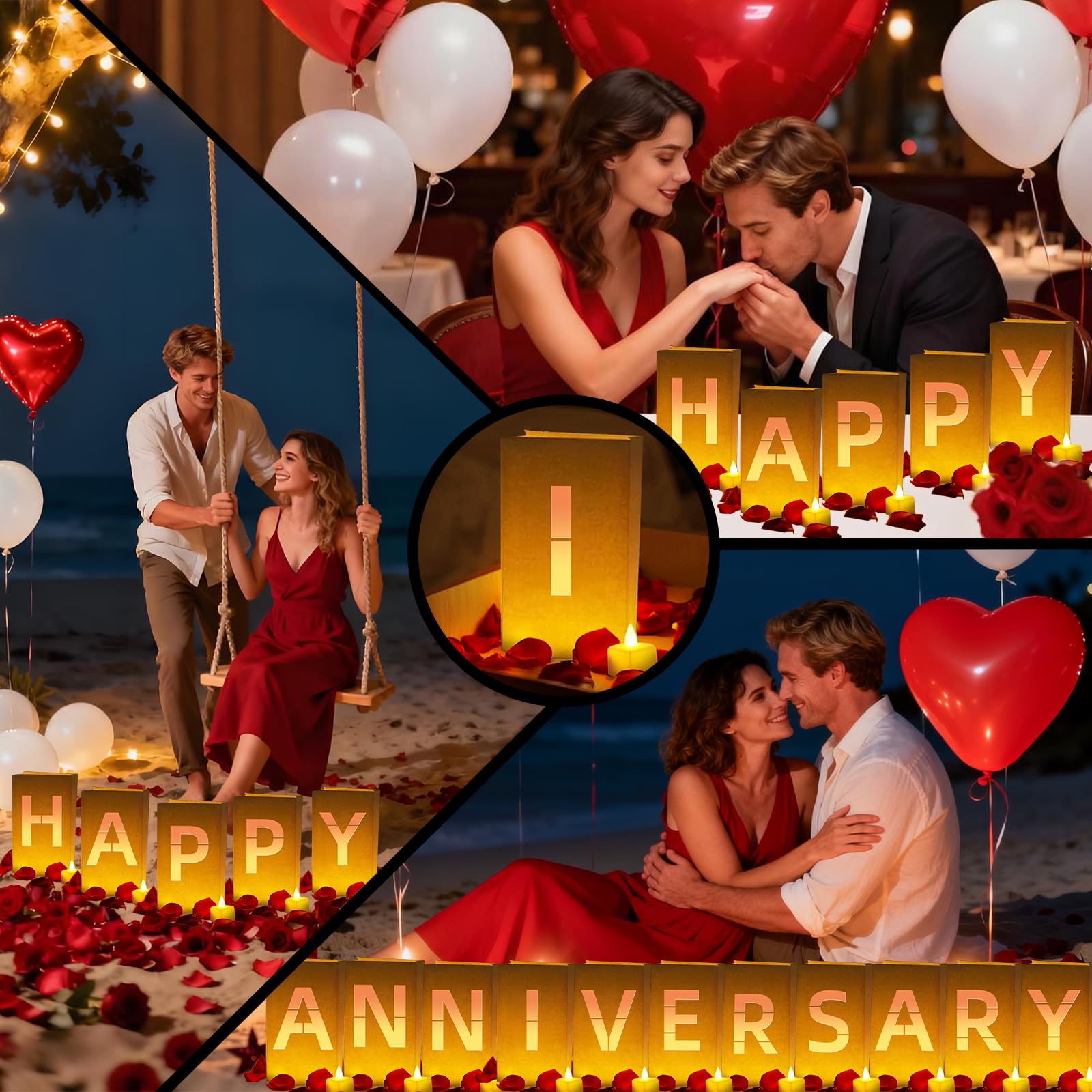 Peledic Happy Anniversary Light Up Letters, Include Light up Letters, with Tea Lights Candles, Latex Balloons, Aluminum Balloons and Rose Petals, Anniversary and Valentines' Day Decorations for Women