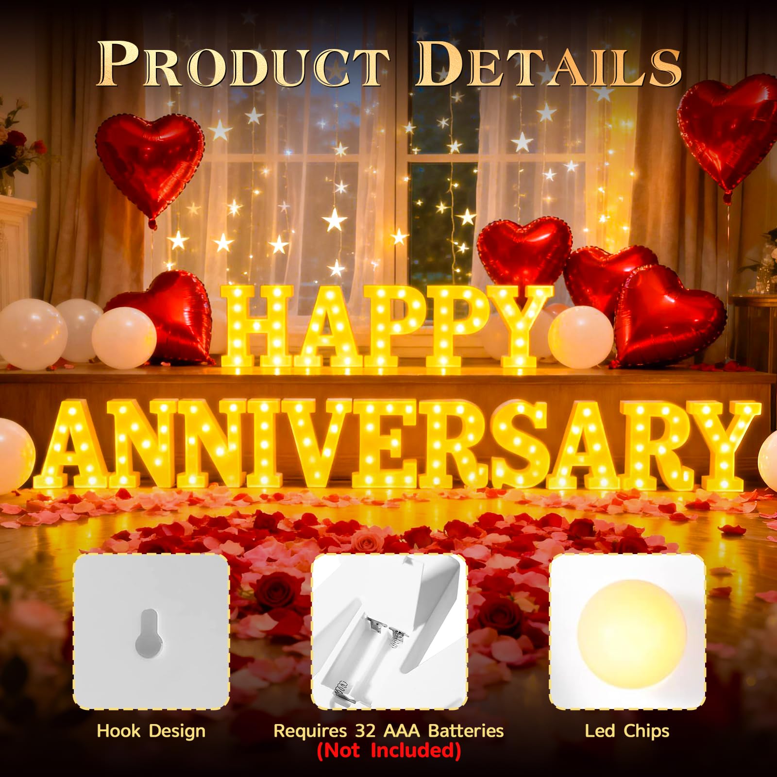 Peledic Happy Anniversary Decorations, Light up Letters Sign, with Rose Petals, Round Pearlescent Balloon, Aluminum Balloons, Light LED Neon, Table Decor for Valentine's Day Wedding Romantic Party