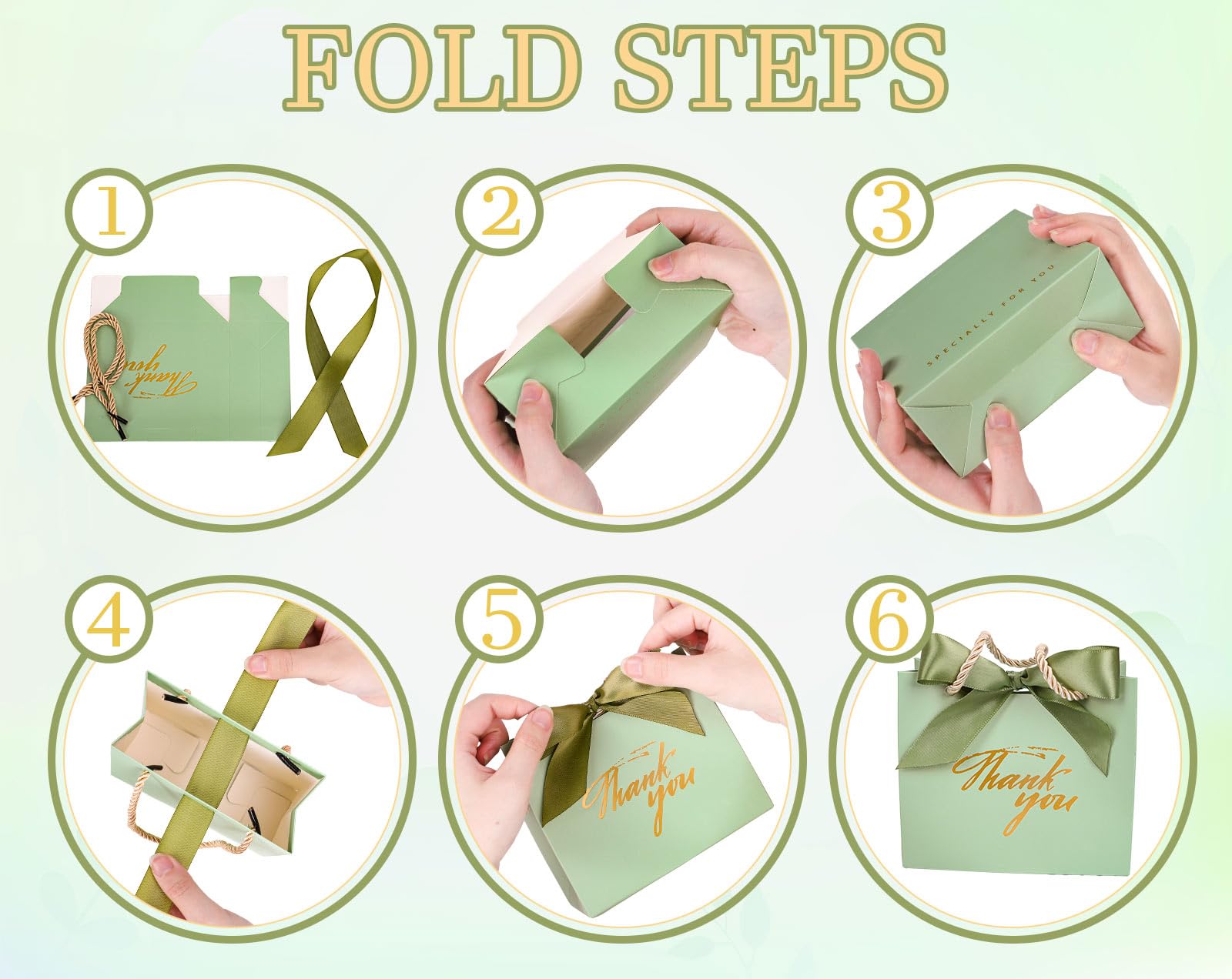 Whaline 50 Pcs Thank You Paper Gift Bags with Bows Sage Green Party Favor Bag with Handles Mini Candy Treat Bags for Wedding Bridal Baby Shower Birthday Party (Assembly Required)
