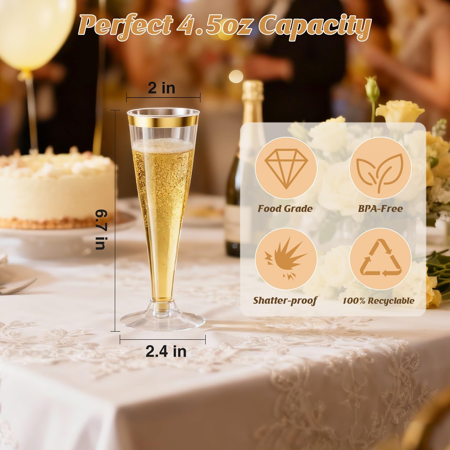Torchero 20 Pack Champagne Flutes Plastic Wine Glasses Disposable, 4.5 Oz Gold Rim Mimosa Glasses for 2026 Engagement Wedding Birthday Bar Soccer Football Party Supplies, Bulk Toasting Cocktail Cups