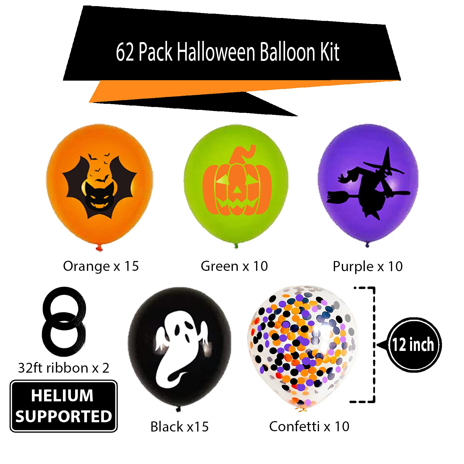 62PCS Halloween Party Balloons Decorations, 12 Inch Black Orange Purple Green Confetti Balloons for Kids Halloween Birthday Bachelorette Party Decorations Supplies