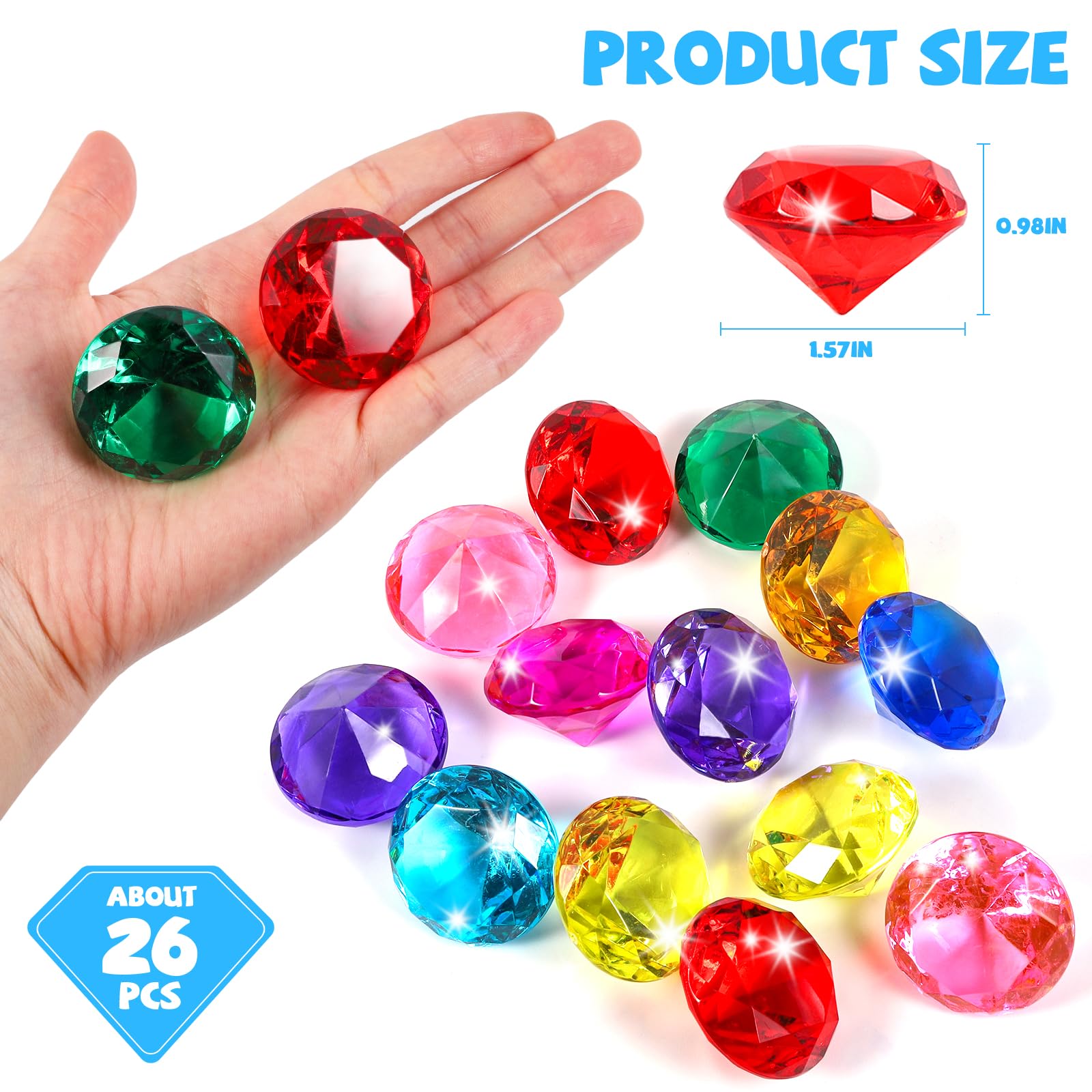 Niceup 26pcs Large Diving Gems Fake Plastic Gemstones Diamond Toys for Kids Girls Princess Pirate Mermaid Party Favors Bag Treasure Hunt Toy - 1.57in Assorted Colors