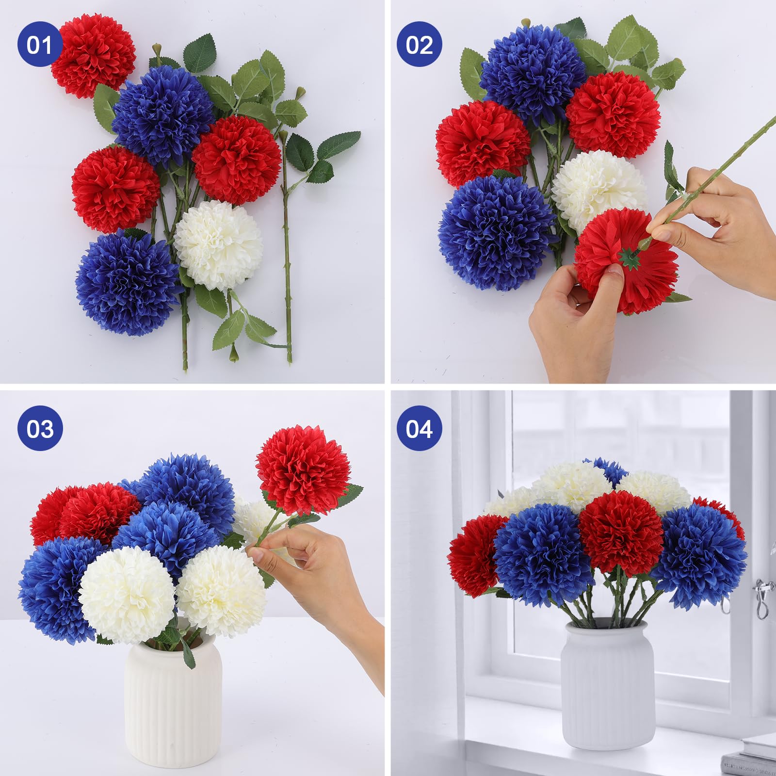 Hananona 12 Pcs Artificial Chrysanthemums Flowers Patriotic Flower, 4th of July Fake Mums Flowers Silk for Home Decor Indoor Memorial Day Table Centerpiece Vase not Included (12, Red, White, Blue)