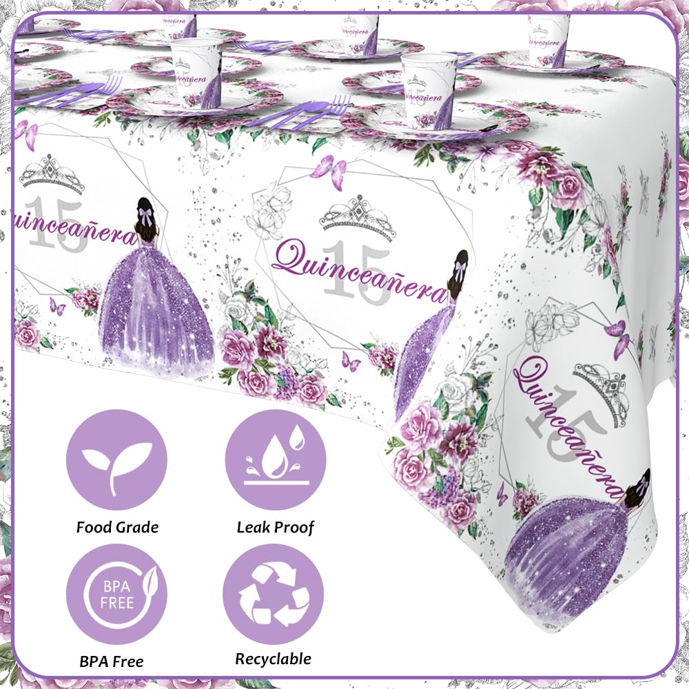 AIBIIN 194pcs Quinceanera Decorations 15th Birthday Decorations Party Plates, Cup, Napkin, Tablecloth, Tableware, Purple Disposable Quinceanera Birthday Party Supplies Plates Serve 24 Guests