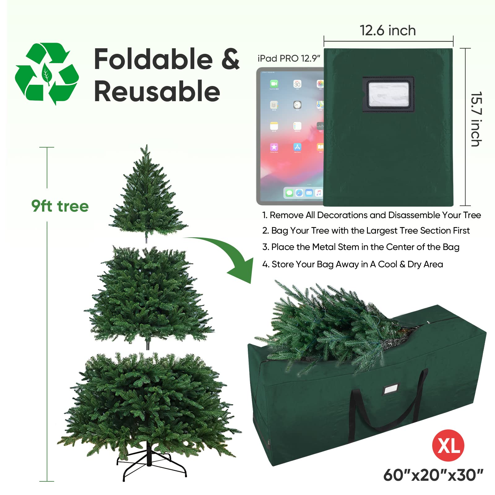 BALEINE 9 ft Christmas Tree Storage Bag, Heavy Duty Extra Large Artificial Christmas Tree Bag with Reinforced Handles and Dual Zippers Wide Opening (Green, 9 ft)