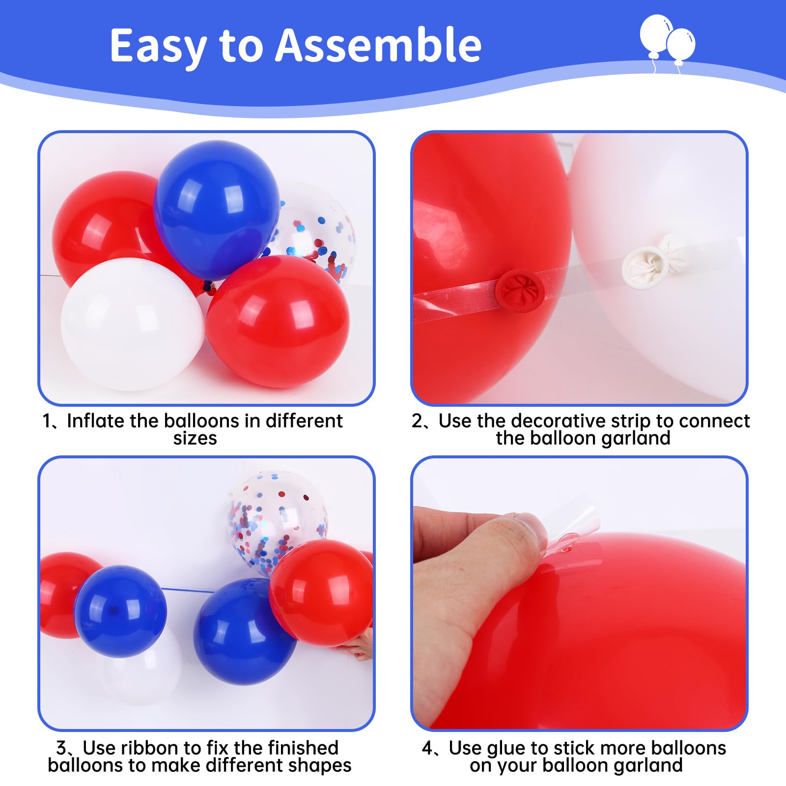 RUBFAC Red White and Blue Balloon Arch Kit, 4th of July Balloons Patriotic Decorations, Graduation Decorations Party Star Balloons for Soccer Nautical Baseball Theme Birthday Party, 140pcs