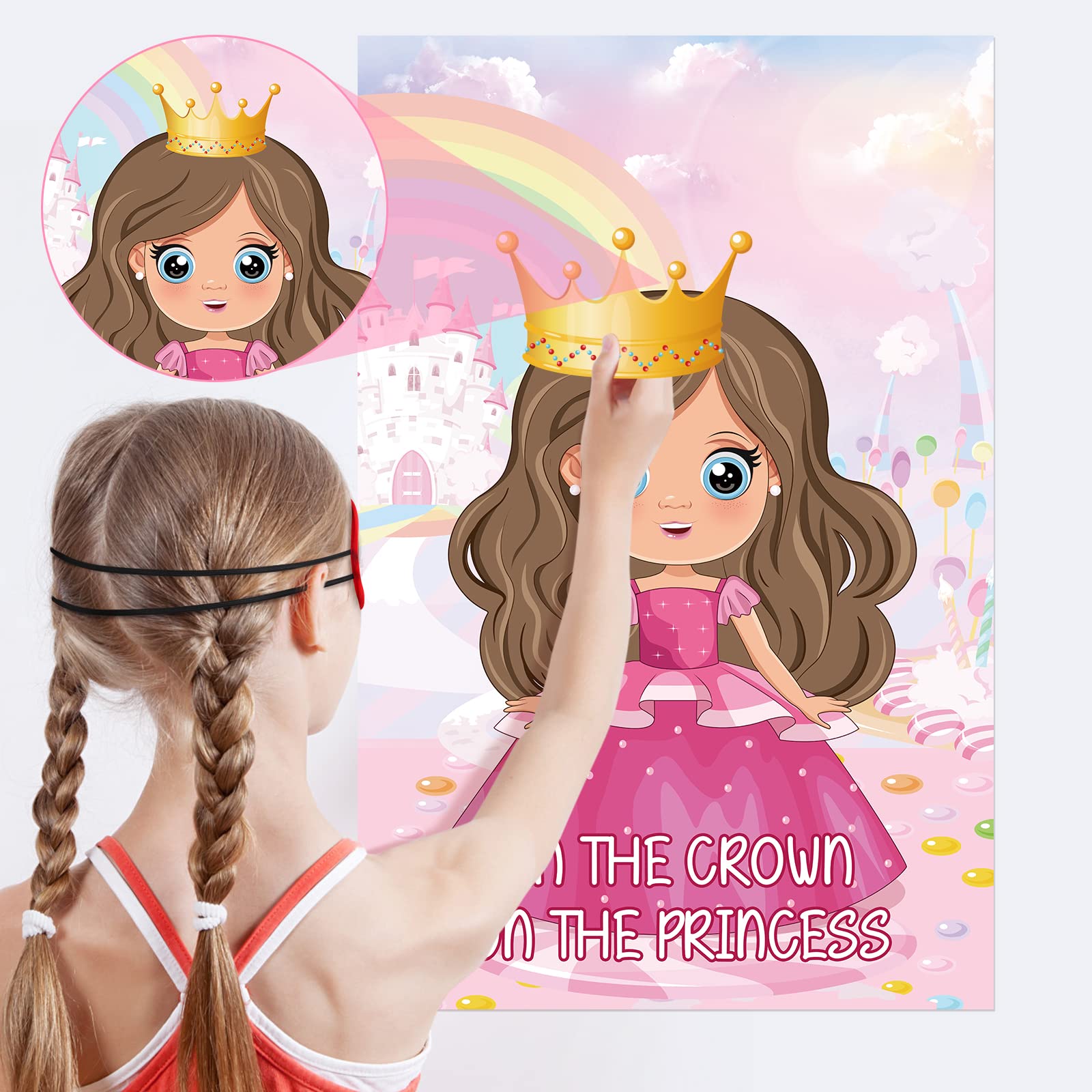 Hxezoc Pin The Crown on The Princess Party Games with 24 Pcs Crowns, Large Princess Party Games Poster for Girls Kids Birthday Party Carnival Supplies