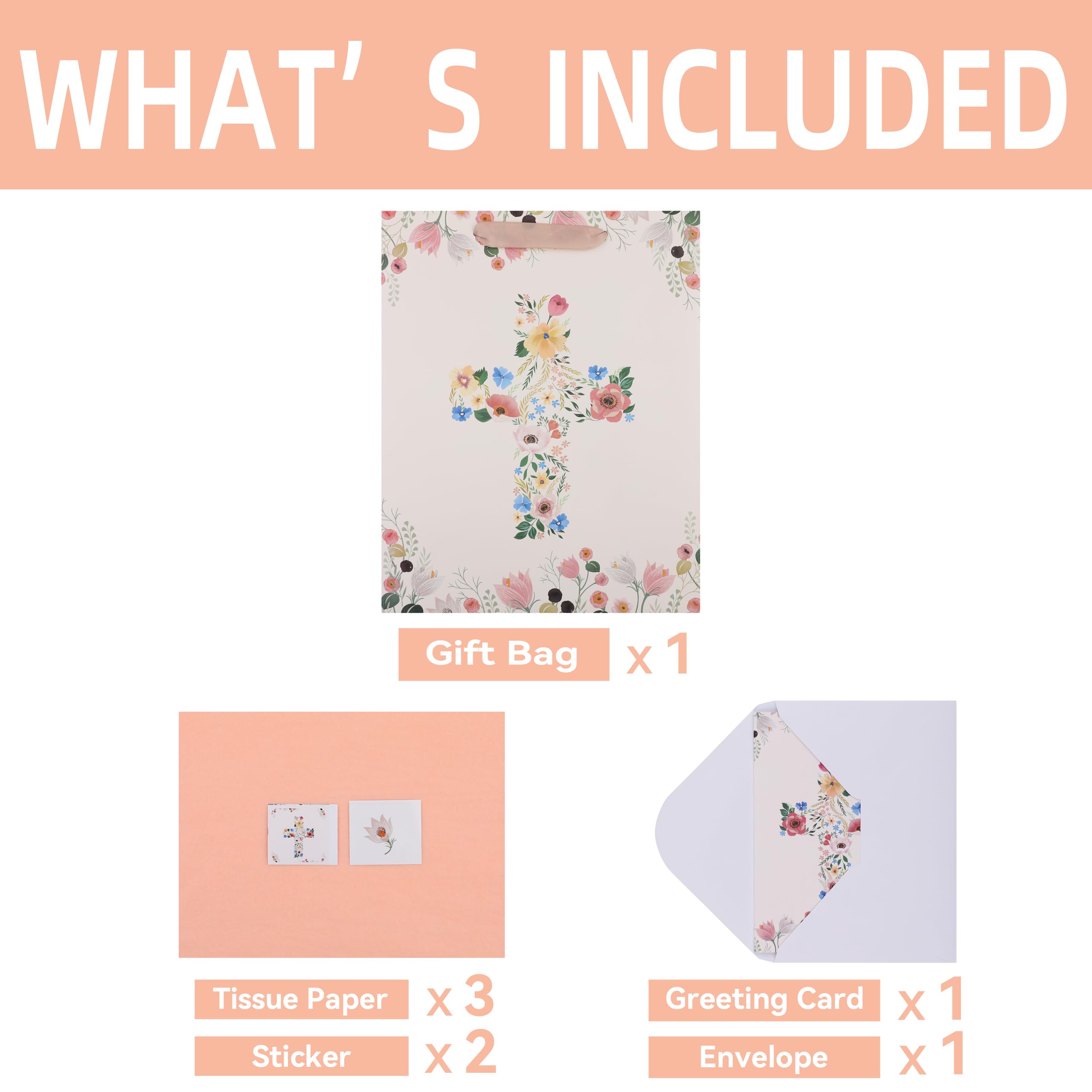 Qirrmiy 13" Large Light Yellow Floral Gift Bag Set with Greeting Card and Tissue Papers for First Communions, Baby Girl Baptisms, Christenings, Religious Occasions - 10.2'x5.2'x13', 1 Pcs.
