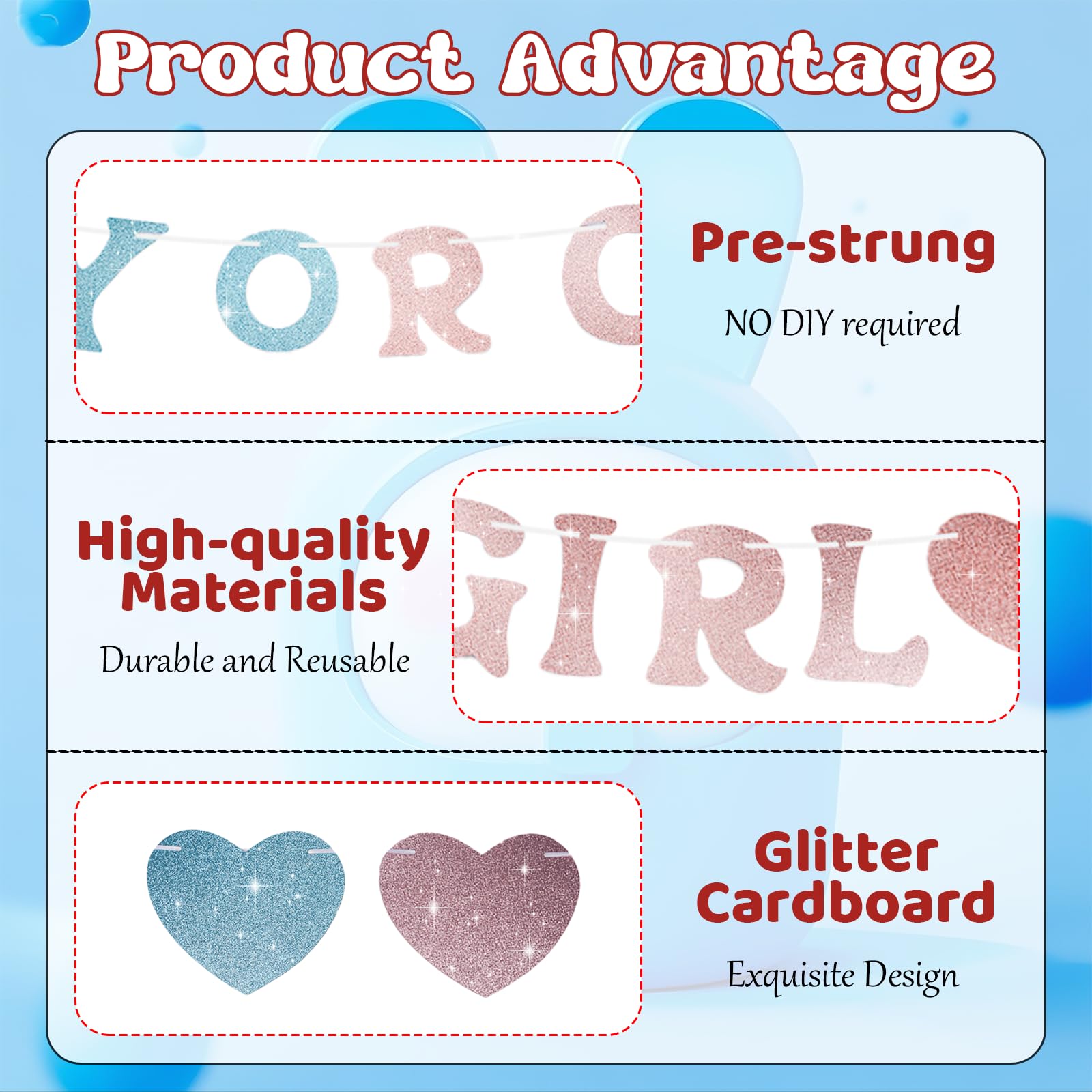 SerpizePaty Boy or Girl Banner Gender Reveal Decorations, Pre-Strung Glitter Baby Gender Reveal Sign, No DIY He or She Party Decor for Girl Boy Shower Photo Backdrop Props Supplies