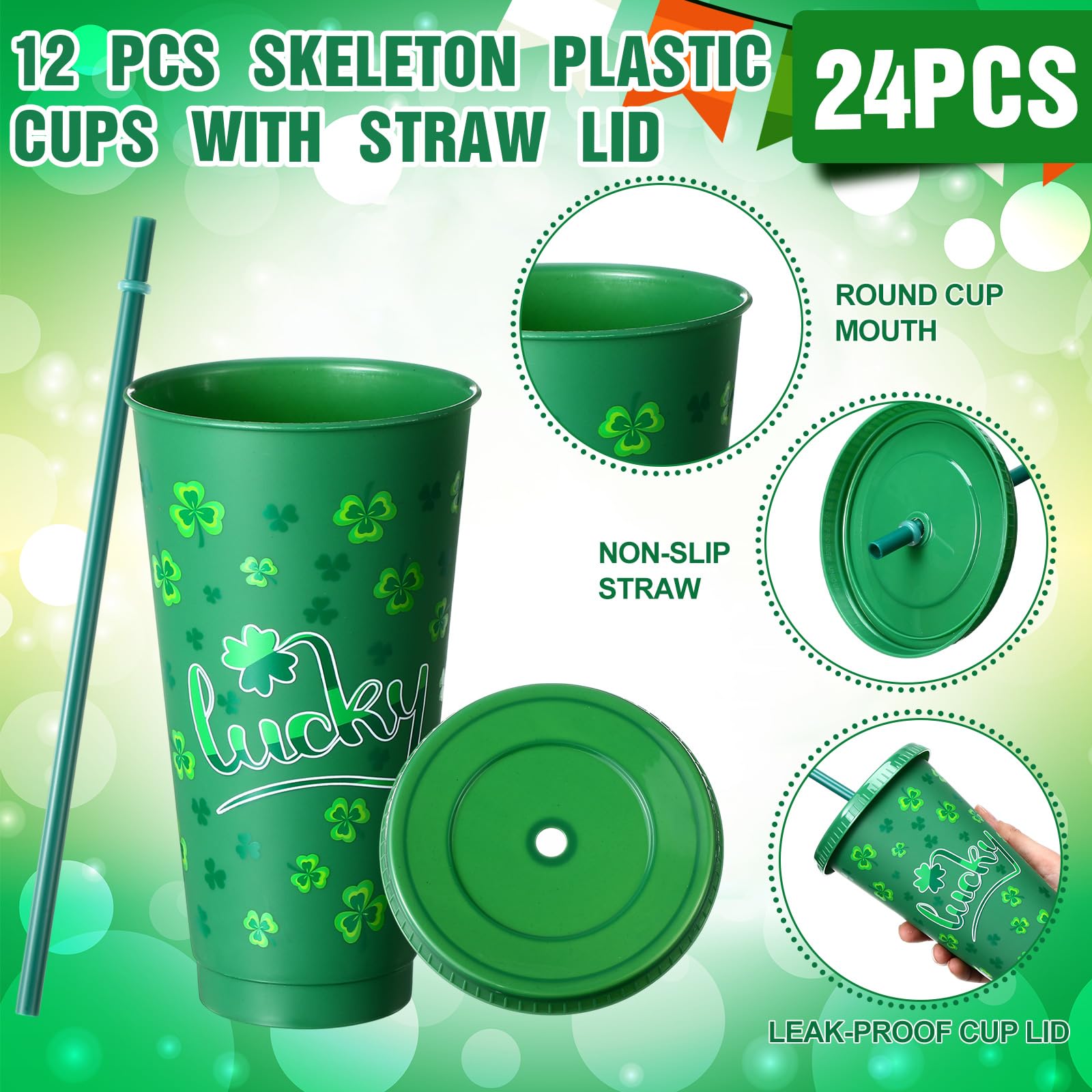 Potchen 12 Pcs St. Patrick's Plastic Cups 24 oz Irish Shamrock Reusable Tumbler with Lids and Straws Green Drinking Juice Cups for St. Patrick's Party Supplies