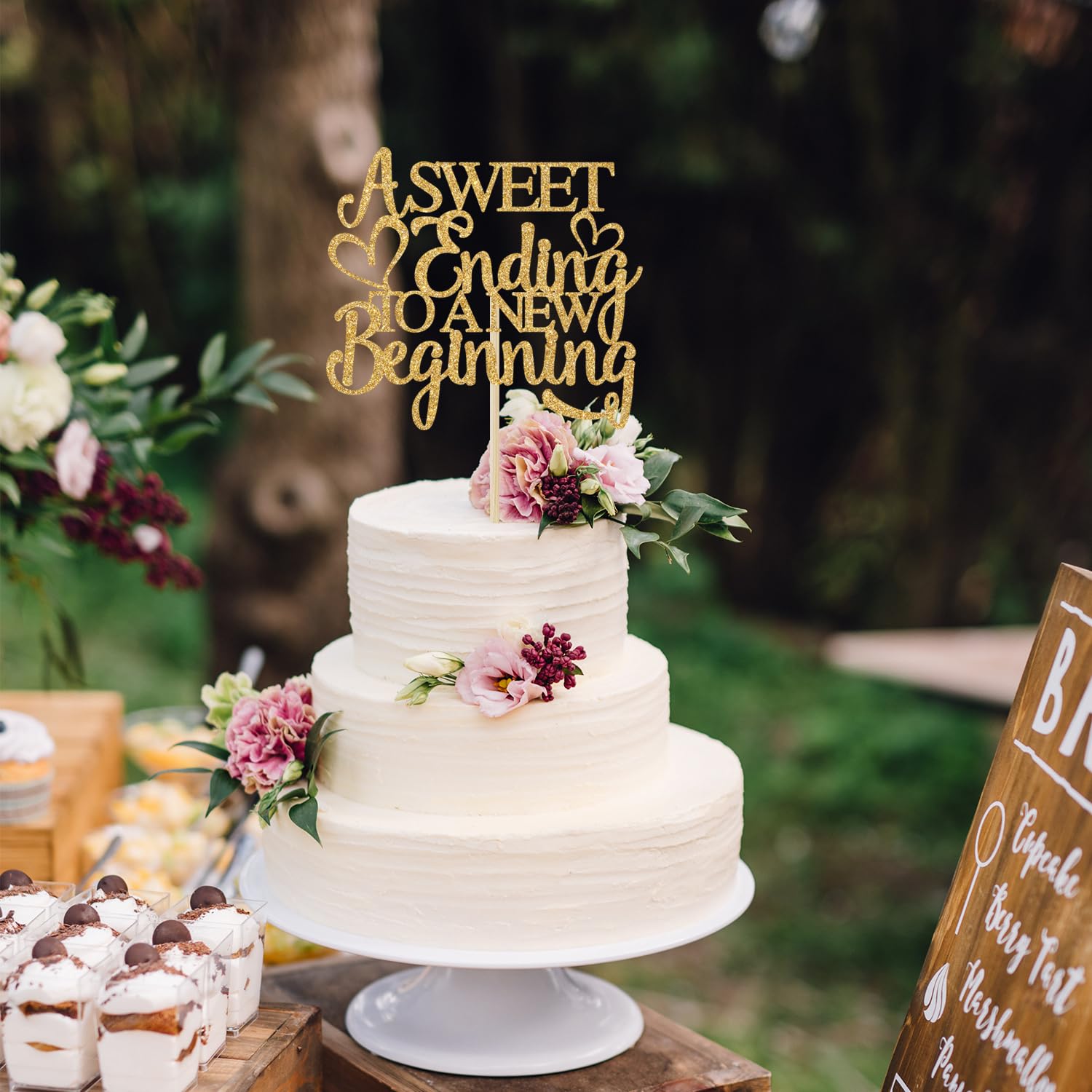 A Sweet Ending to A New Beginning Cake Topper, The Adventure Begins, Wedding/Retirement/Graduation/Farewell Party Decorations, Gold Glitter