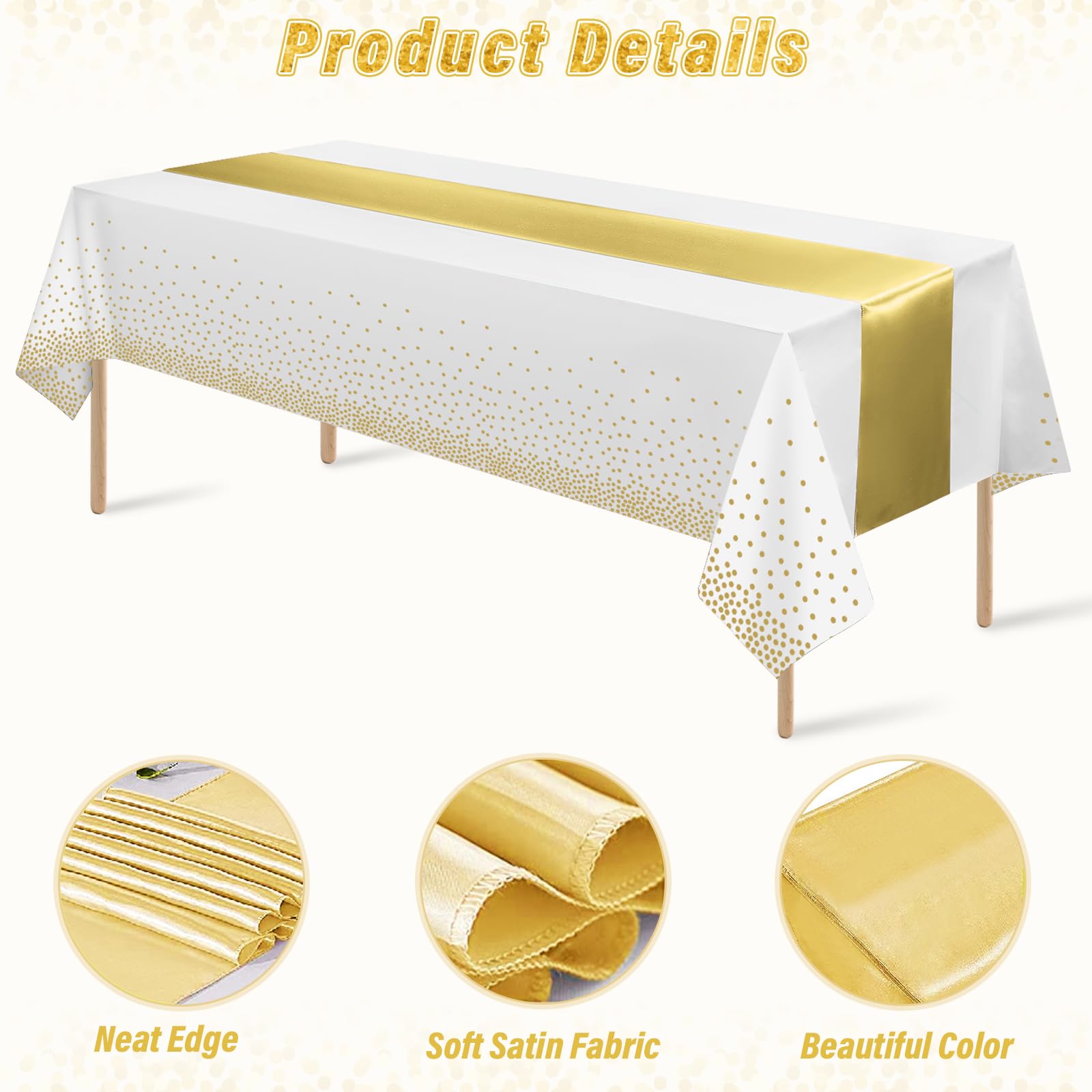 12 Pack White and Gold Tablecloth and Table Runner Set Party Decorations, White and Yellow Gold Plastic Disposable Tablecloth and Satin Table Runner for Wedding Birthday Graduation Anniversary Party
