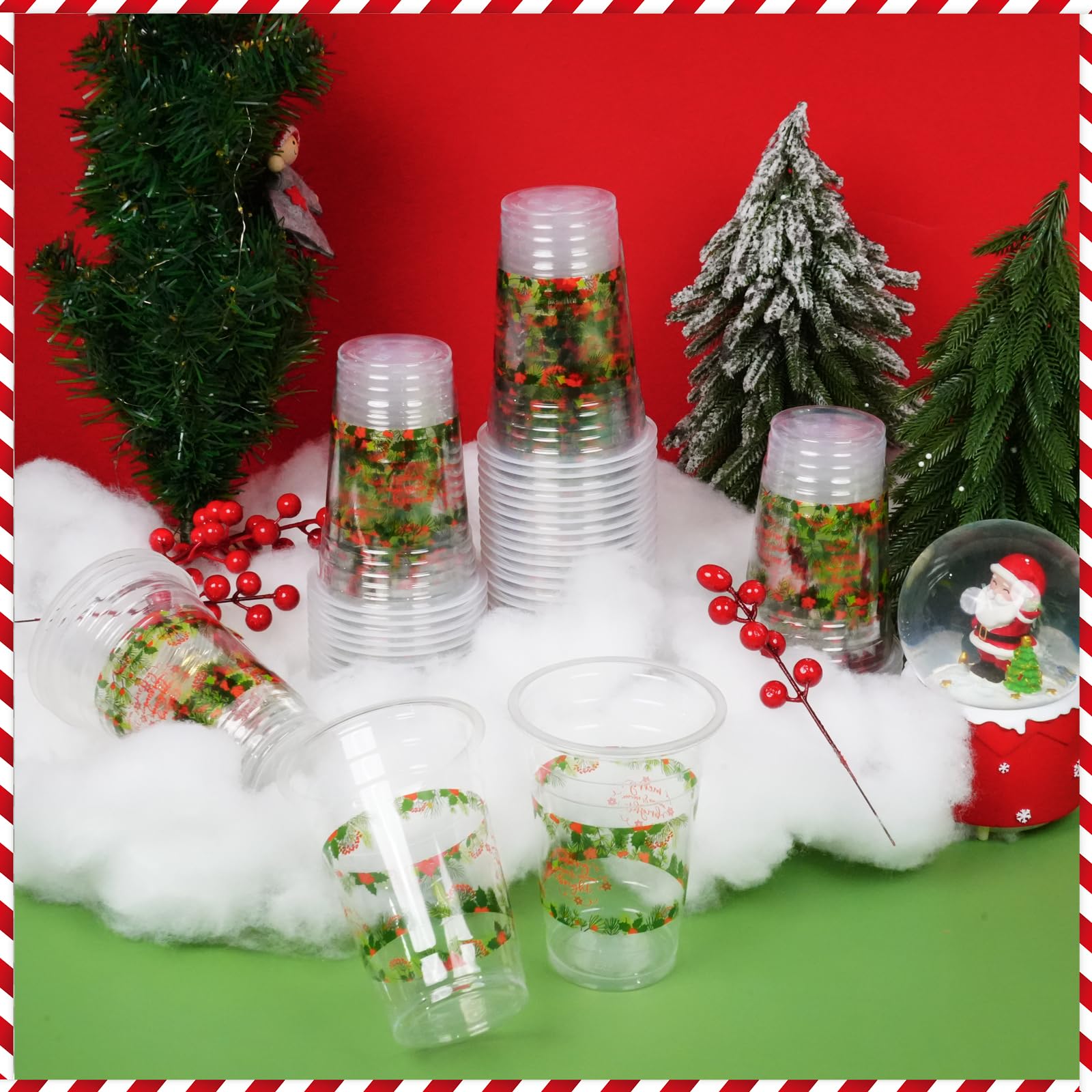 TEASIK 60 Pieces 16oz Christmas Poinsettia Cups,Holiday Party Drinkware Table Decorations Supplies,Plastic Disposable Cups for Merry Christmas Party Decorations