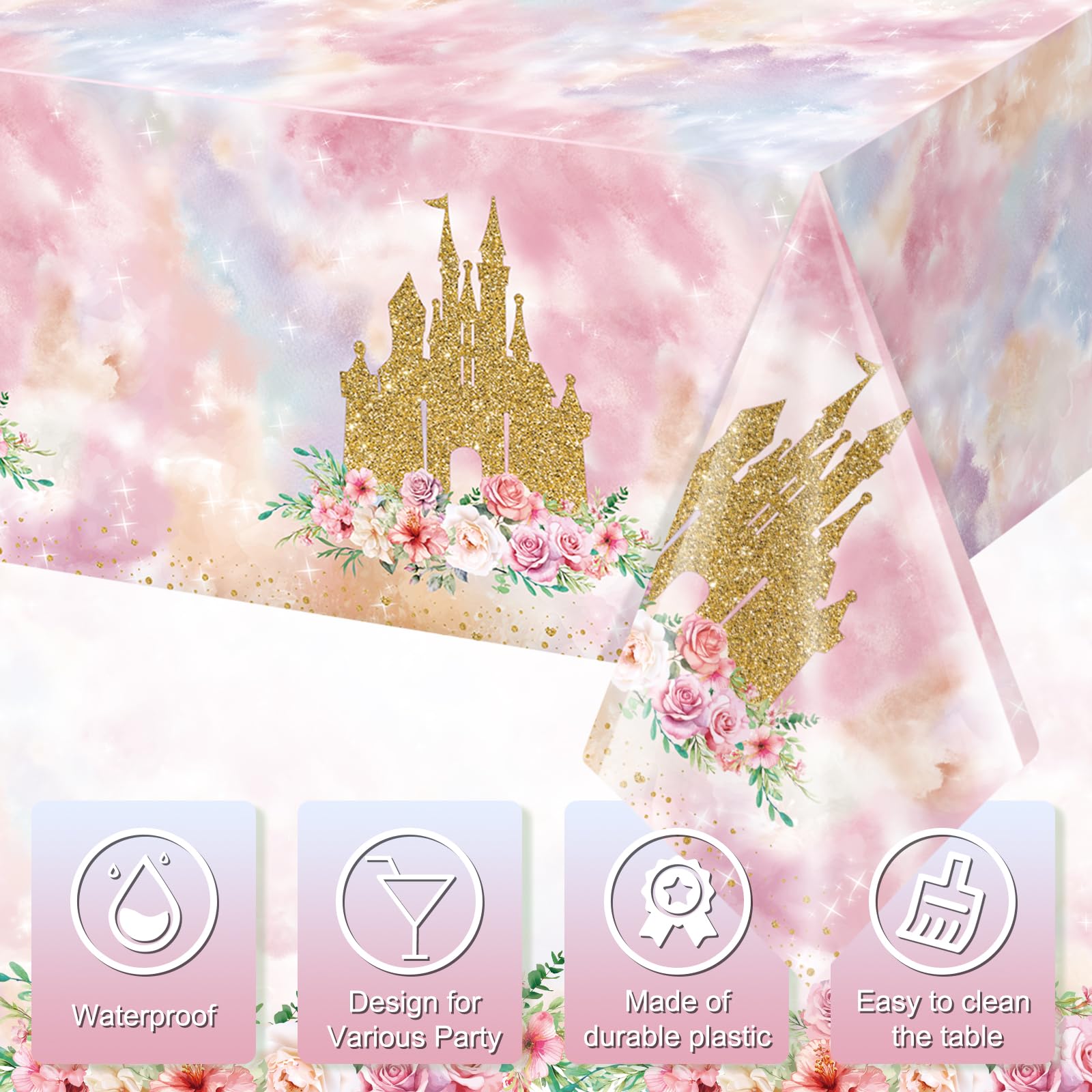3 Pack Princess Tablecloths Birthday Decorations,Plastic Pink Rose Castle Table Cloth for Parties,Disposable Rectangle Floral Table Cover for Baby Shower Girls Birthday Party Supplies,54x108 Inch