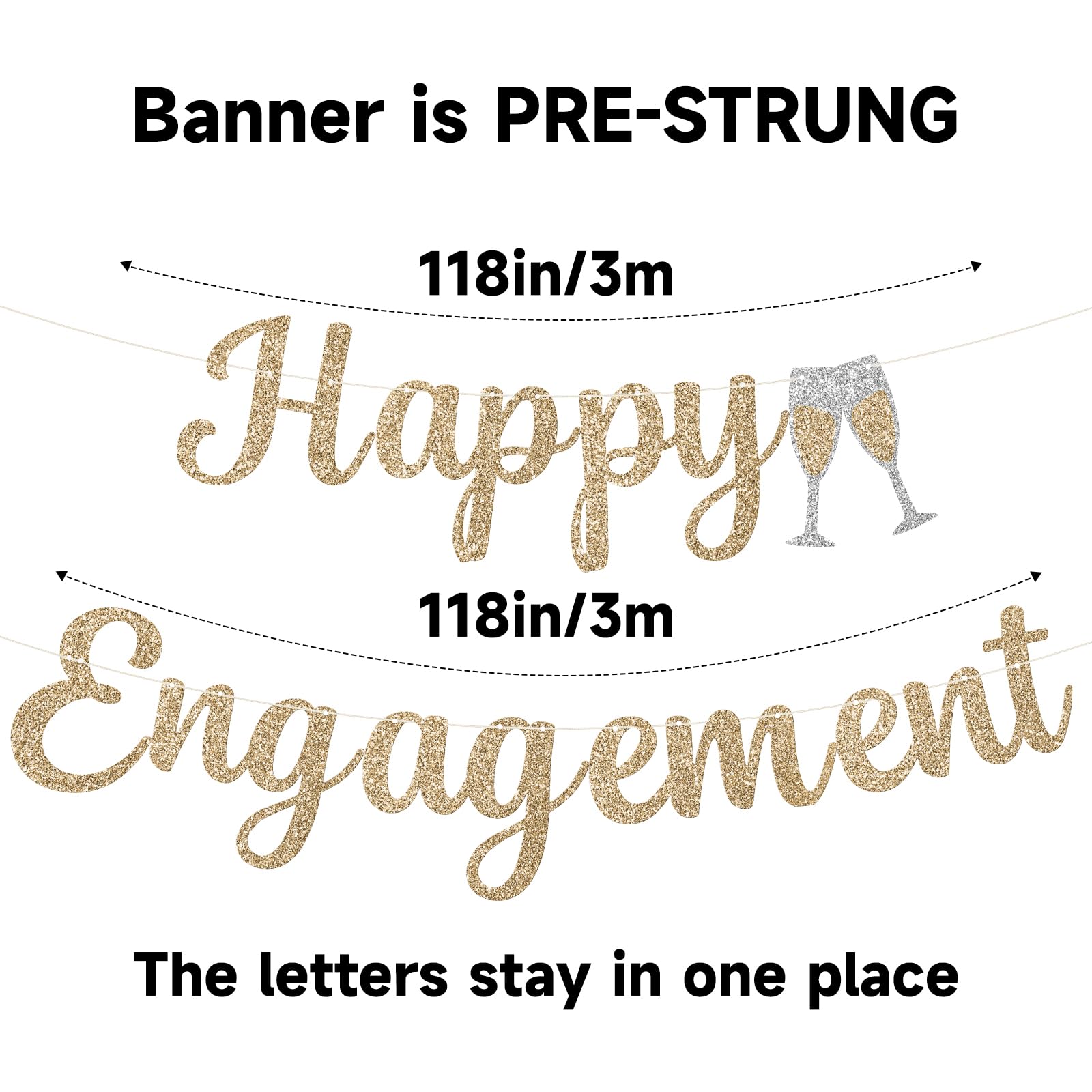 Pre-Strung Happy Engagement Banner - NO DIY Engagement Sign Gold Glitter