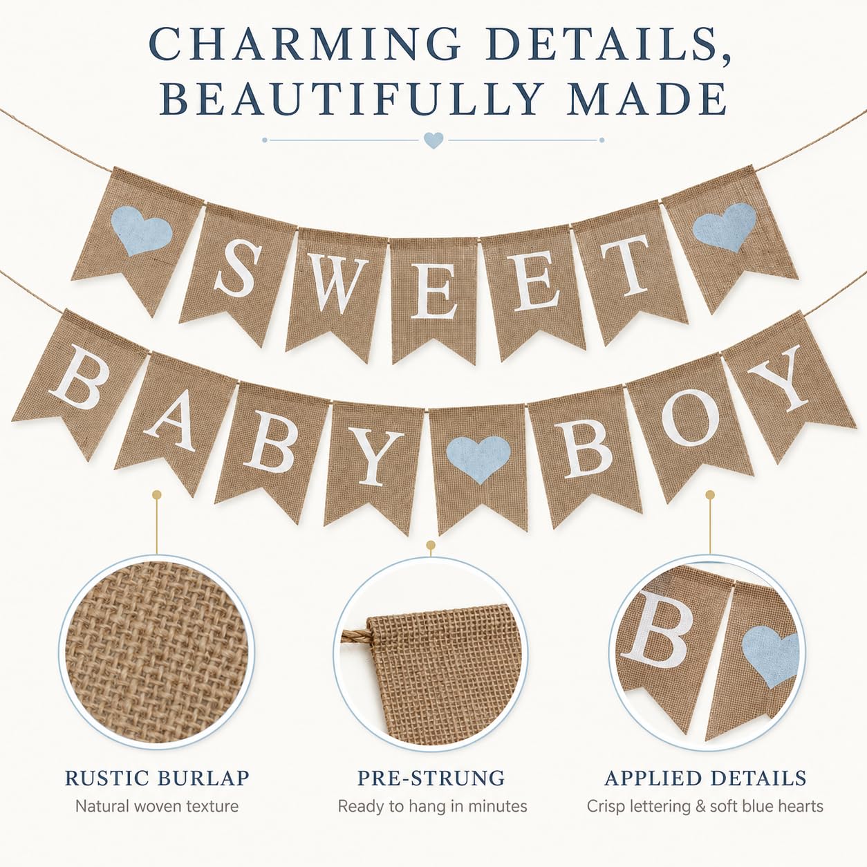 Shimmer Anna Shine Sweet Baby Boy Burlap Banner for Baby Shower Decorations and Gender Reveal Party (Light Blue)