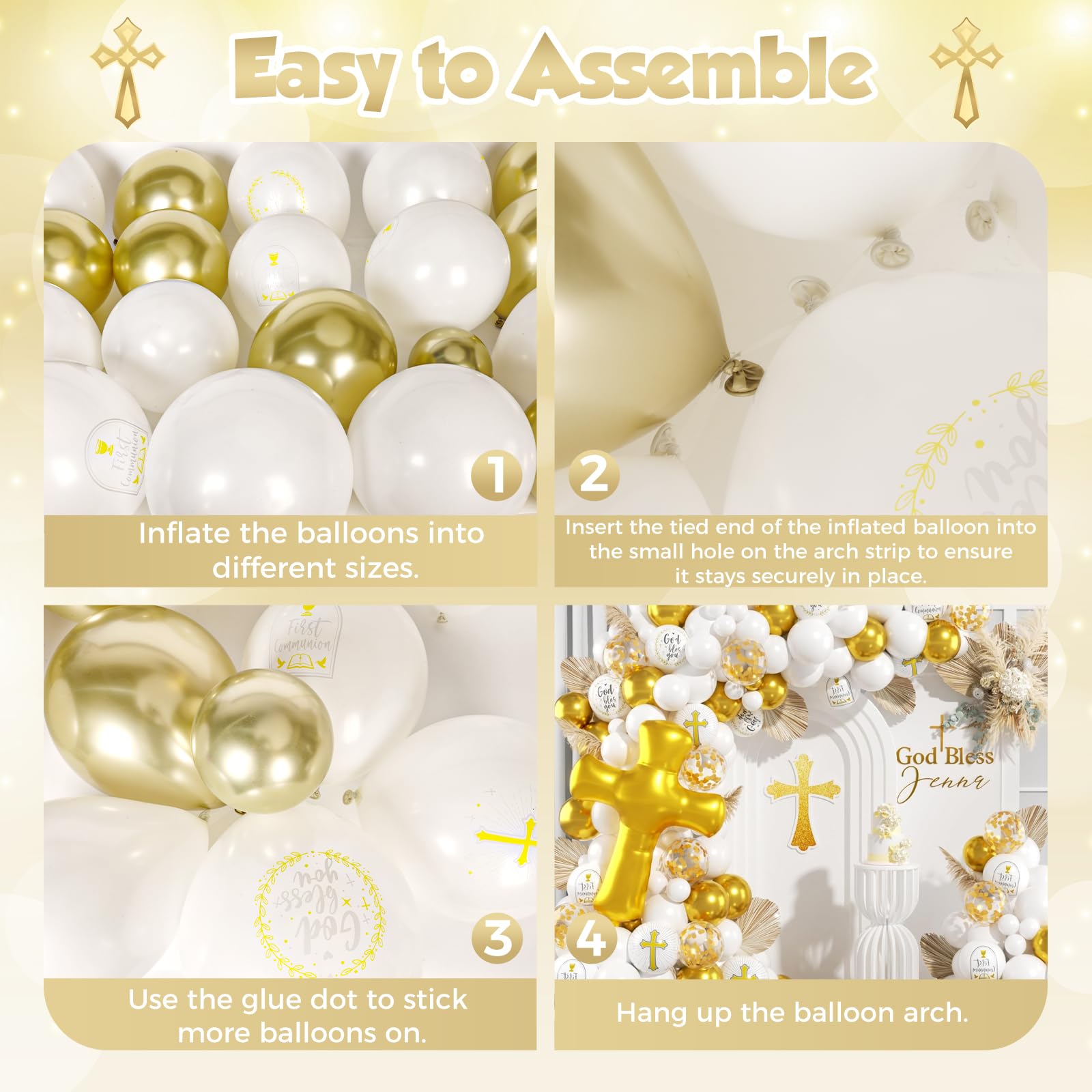 PityBlns First Communion Balloons Arch Kit 140Pcs, Baptism Balloon Garland Arch Mi Bautizo Decor White and Gold Cross Balloon for First Holy Communion Baptism Baby Shower Birthday Party Decorations