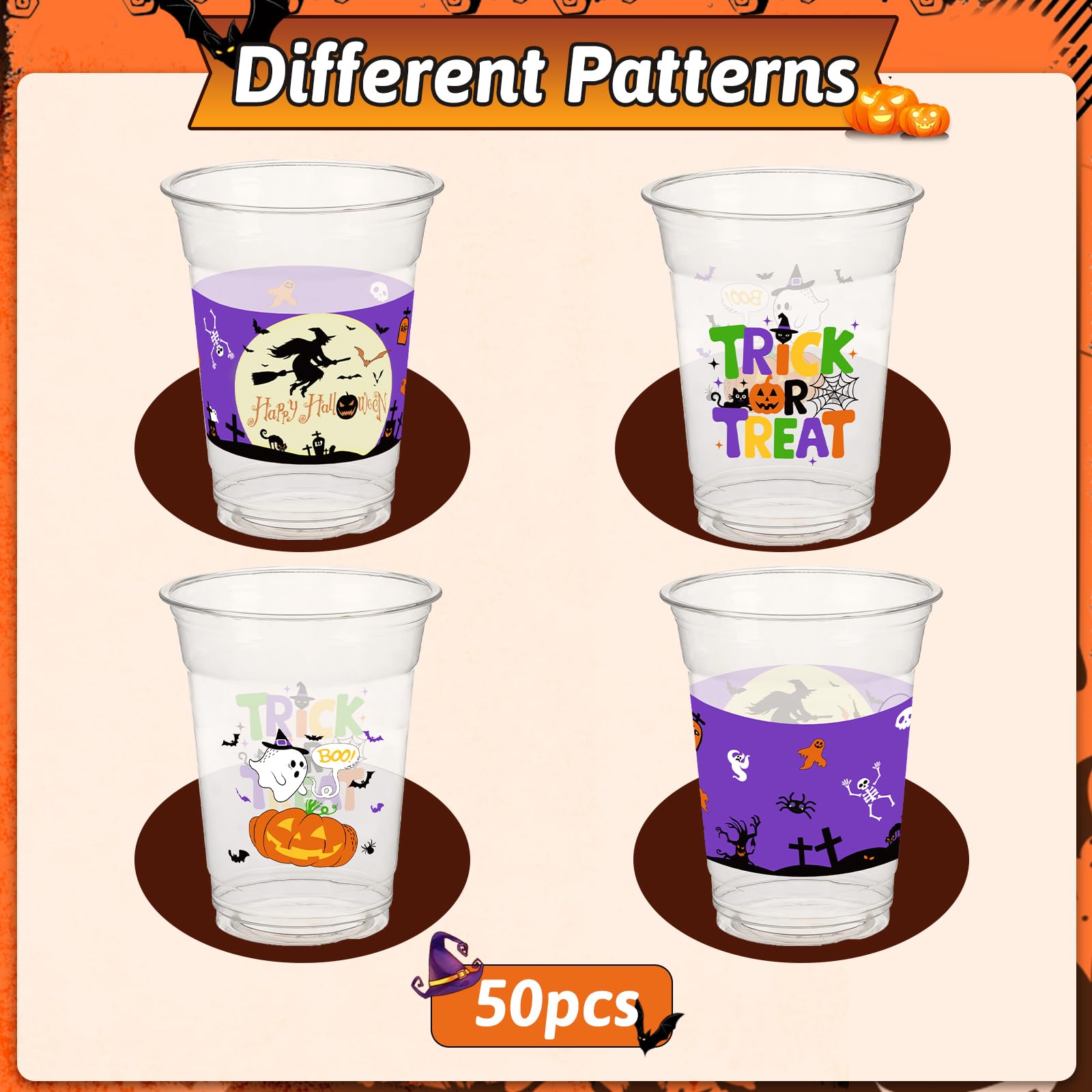 GuassLee 50 Pack Disposable Halloween Cups - Clear 12Oz Disposable Plastic Cups Set with 2 Styles Patterns for Kids Adults Halloween Party Favors Coffee Wine Hot Cold Drinks