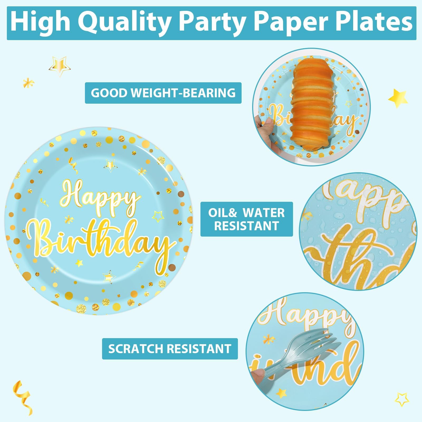 CHUNNIN 96PCS Blue Happy Birthday Plates and Napkins Happy Birthday Party Decorations Light Blue and Gold Dessert Plates Tableware for 24 Guests Kids Party Supplies