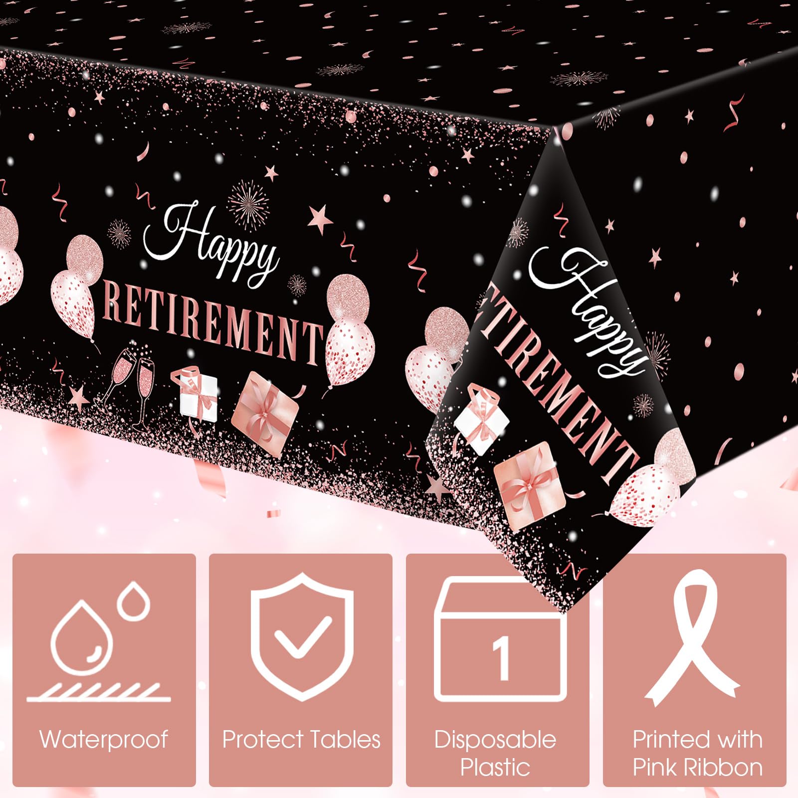 Ganeen 3 Pcs Retirement Party Decorations Happy Retirement Tablecloths Rose Gold Disposable Plastic Table Cover Waterproof Table Cloth for Men Women Coworker Say Goodbye Party Supplies, 54 x 108 Inch