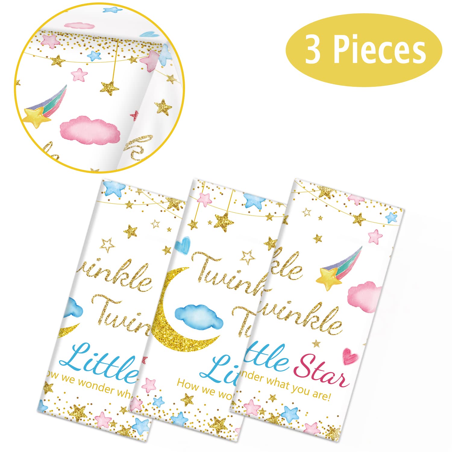 Oigco 3 Packs Twinkle Twinkle Little Star Gender Reveal Party Decorations Tablecloths,Pink Blue Little Star Gender Reveal Tablecloth for Baby Shower Supplies, 54" x 108"